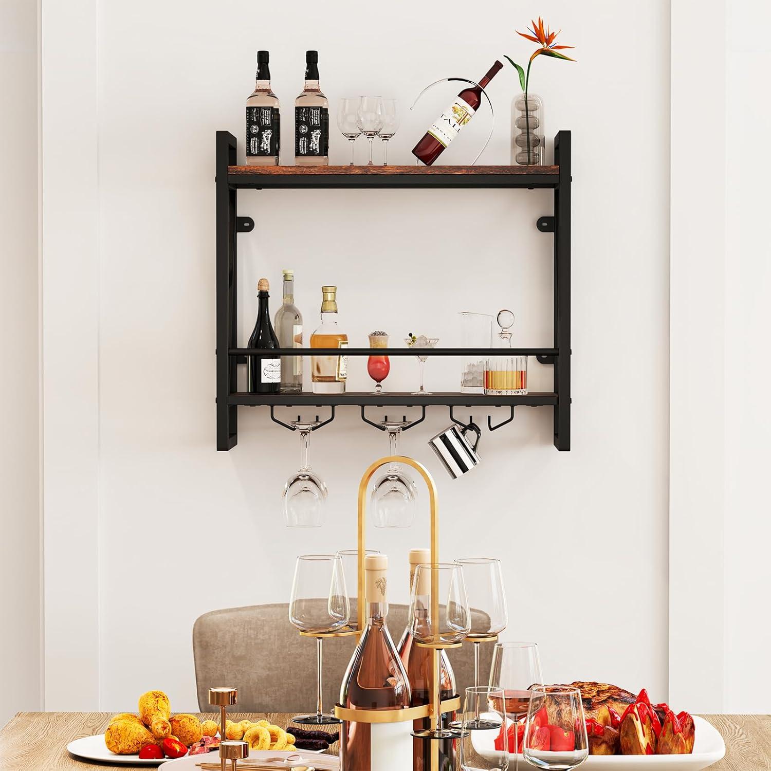 image:imageGiantex Industrial Wall Mounted Wine Rack 2Tier Metal Hanging Wine Bottle Glass Rack with 14Bottle amp 12Mug Holders Wall Wine Floating Shelves for Home Bar Kitchen Dining Room Rustic Brown235 x 8 x 215