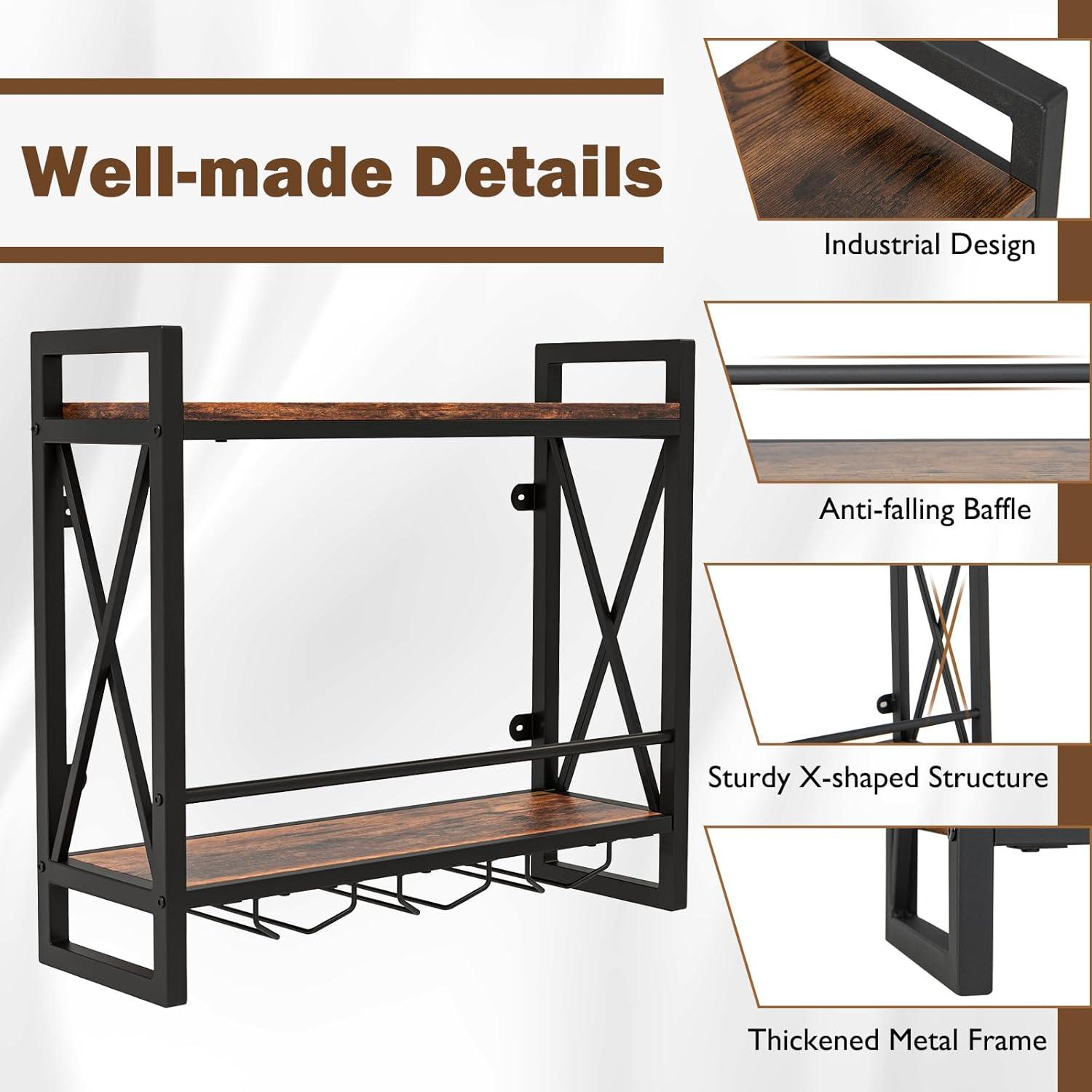 image:imageGiantex Industrial Wall Mounted Wine Rack 2Tier Metal Hanging Wine Bottle Glass Rack with 14Bottle amp 12Mug Holders Wall Wine Floating Shelves for Home Bar Kitchen Dining Room Rustic Brown235 x 8 x 215