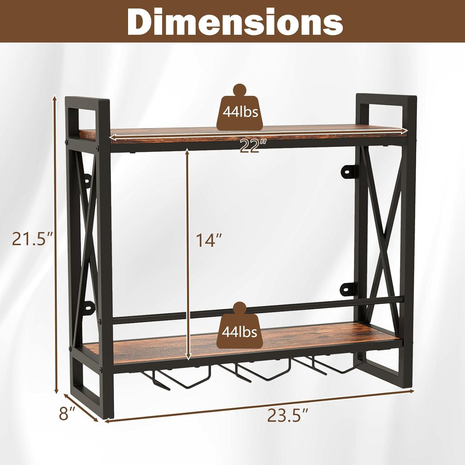 image:imageGiantex Industrial Wall Mounted Wine Rack 2Tier Metal Hanging Wine Bottle Glass Rack with 14Bottle amp 12Mug Holders Wall Wine Floating Shelves for Home Bar Kitchen Dining Room Rustic Brown235 x 8 x 215