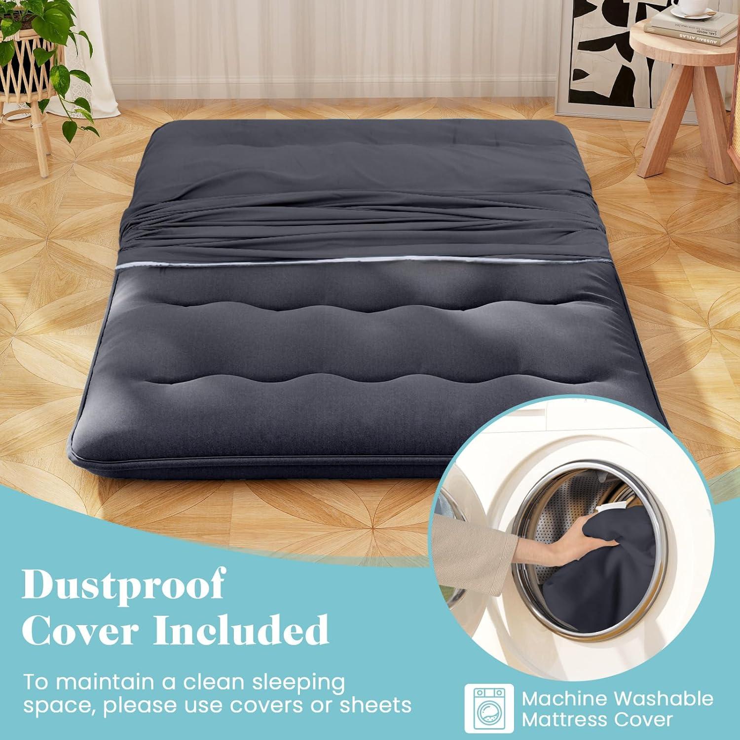 image:imageGiantex Japanese Floor Mattress 4 Inch Futon Mattress wWashable Cover amp Storage Bag Foldable Roll up Mattress Tatami Mat Portable Sleeping Pad for Camping Dormitory QueenBlack