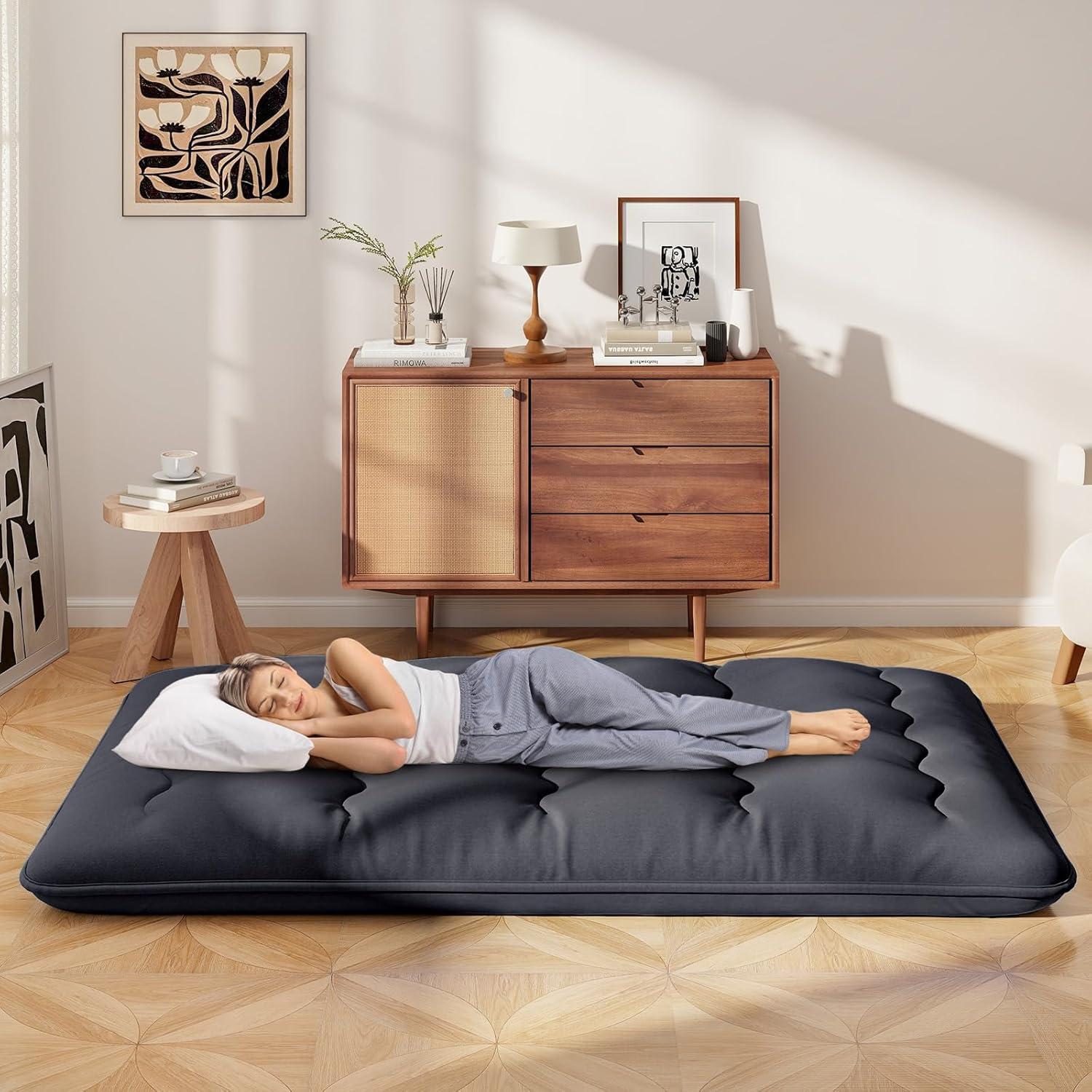 image:imageGiantex Japanese Floor Mattress 4 Inch Futon Mattress wWashable Cover amp Storage Bag Foldable Roll up Mattress Tatami Mat Portable Sleeping Pad for Camping Dormitory QueenBlack