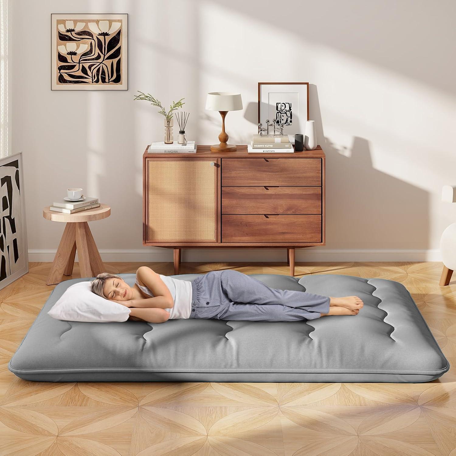 image:imageGiantex Japanese Floor Mattress 4 Inch Futon Mattress wWashable Cover amp Storage Bag Foldable Roll up Mattress Tatami Mat Portable Sleeping Pad for Camping Dormitory QueenGrey