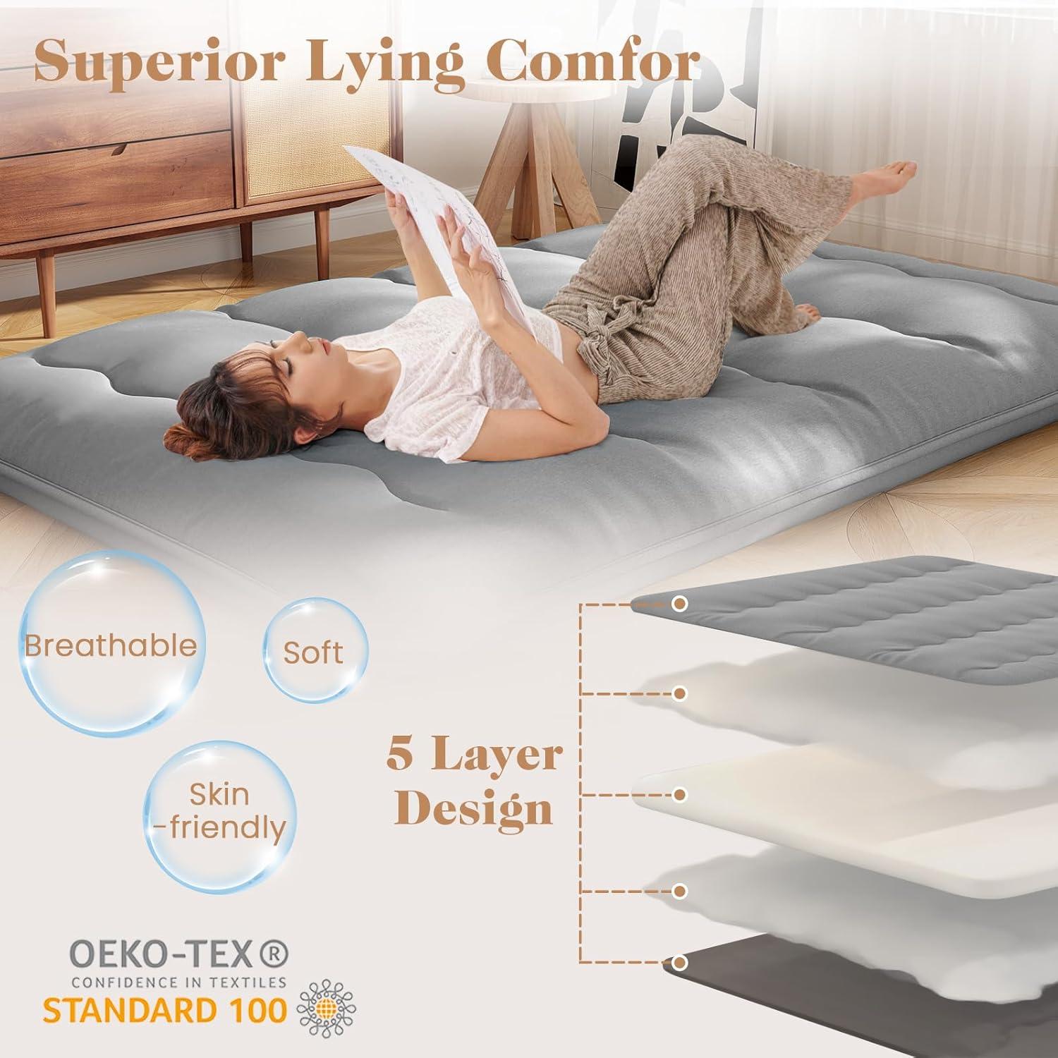 image:imageGiantex Japanese Floor Mattress 4 Inch Futon Mattress wWashable Cover amp Storage Bag Foldable Roll up Mattress Tatami Mat Portable Sleeping Pad for Camping Dormitory QueenGrey