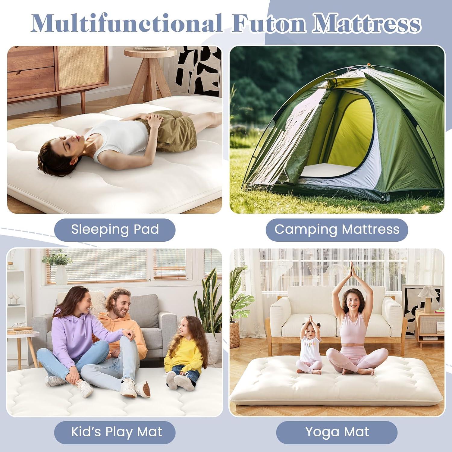 image:imageGiantex Japanese Floor Mattress 4 Inch Futon Mattress wWashable Cover amp Storage Bag Foldable Roll up Mattress Tatami Mat Portable Sleeping Pad for Camping Dormitory QueenBeige