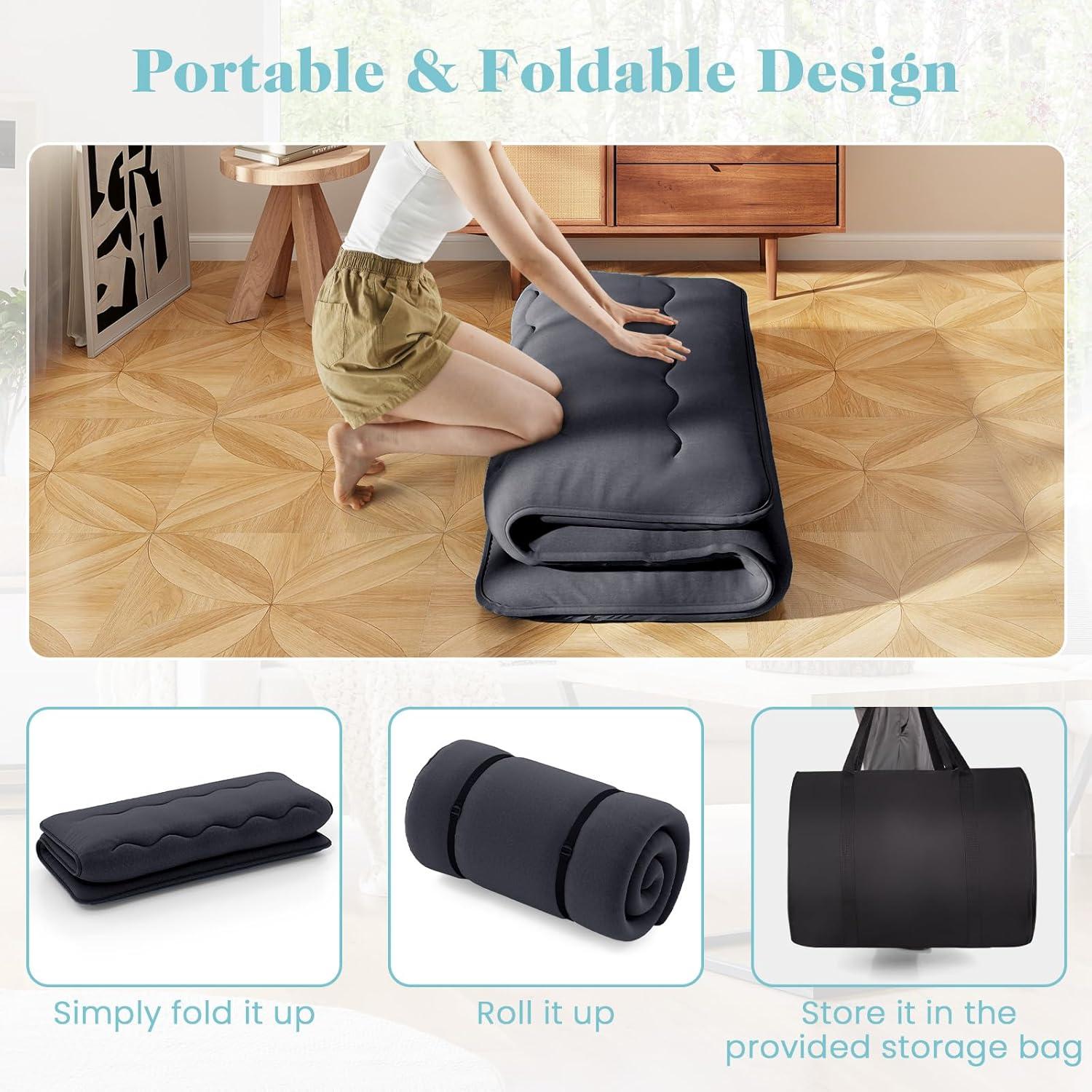 image:imageGiantex Japanese Floor Mattress 4 Inch Futon Mattress wWashable Cover amp Storage Bag Foldable Roll up Mattress Tatami Mat Portable Sleeping Pad for Camping Dormitory QueenBlack