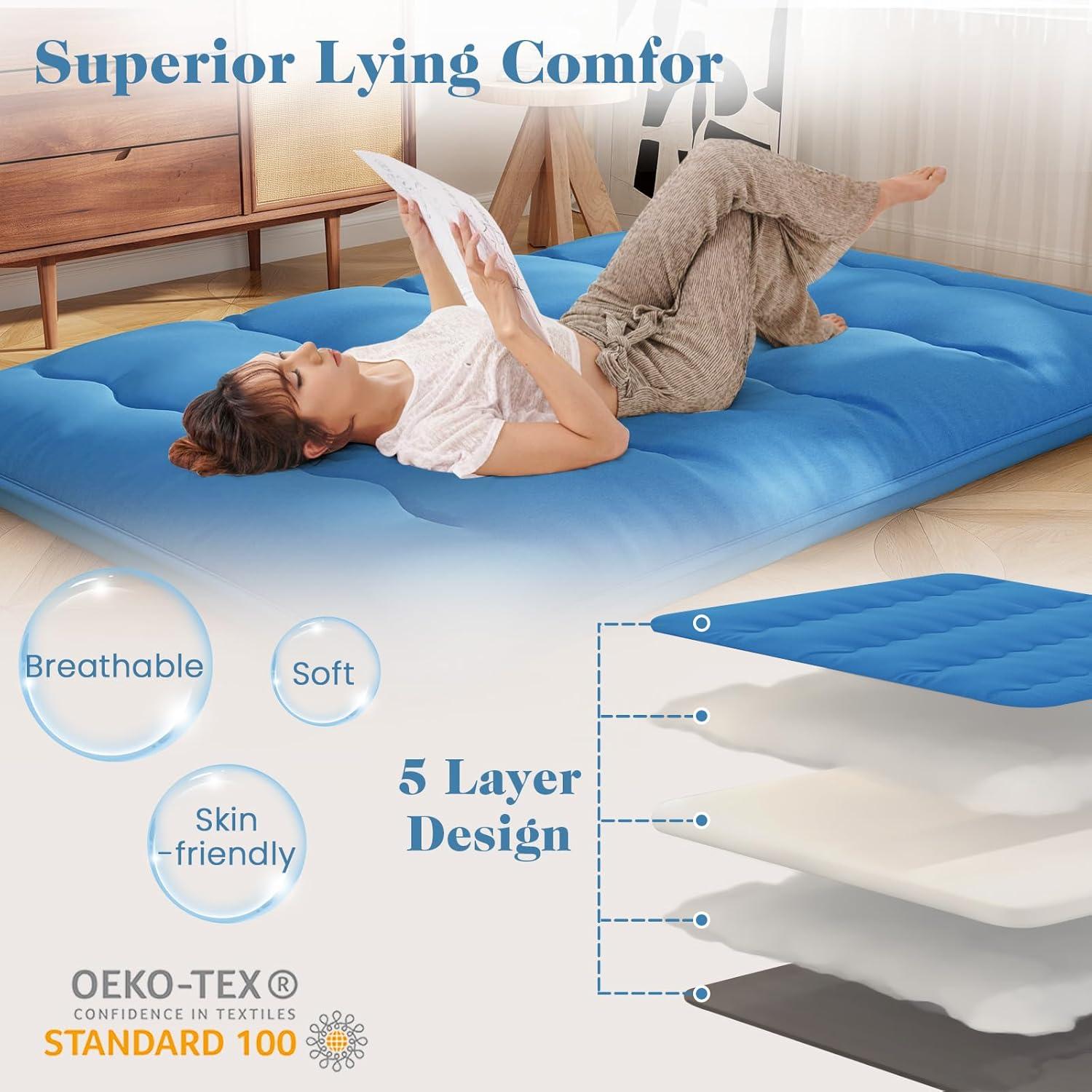 image:imageGiantex Japanese Floor Mattress 4 Inch Futon Mattress wWashable Cover amp Storage Bag Foldable Roll up Mattress Tatami Mat Portable Sleeping Pad for Camping Dormitory QueenNavy