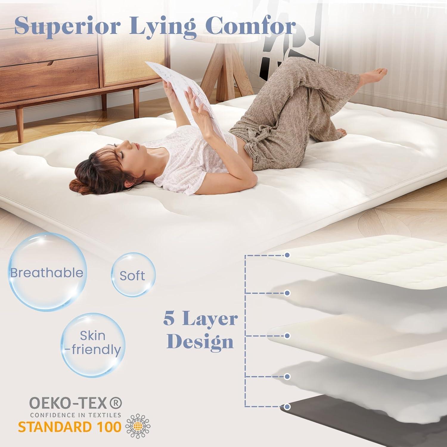 image:imageGiantex Japanese Floor Mattress 4 Inch Futon Mattress wWashable Cover amp Storage Bag Foldable Roll up Mattress Tatami Mat Portable Sleeping Pad for Camping Dormitory QueenBeige