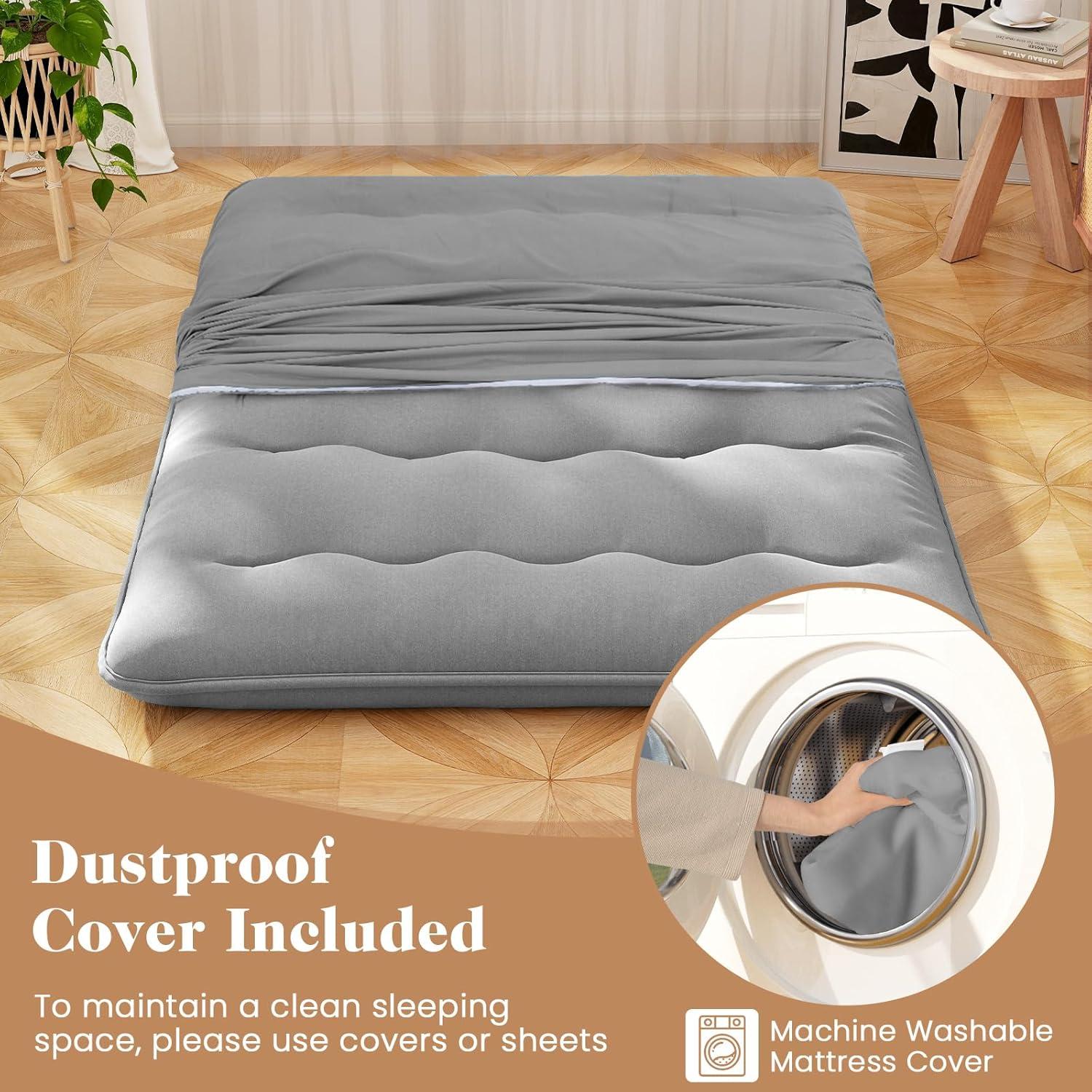 image:imageGiantex Japanese Floor Mattress 4 Inch Futon Mattress wWashable Cover amp Storage Bag Foldable Roll up Mattress Tatami Mat Portable Sleeping Pad for Camping Dormitory QueenGrey