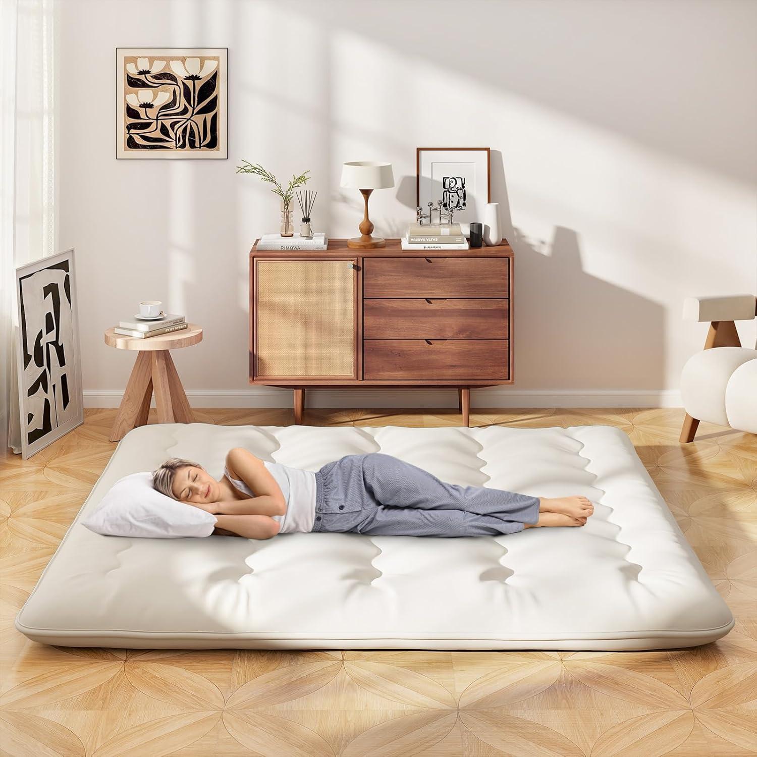 image:imageGiantex Japanese Floor Mattress 4 Inch Futon Mattress wWashable Cover amp Storage Bag Foldable Roll up Mattress Tatami Mat Portable Sleeping Pad for Camping Dormitory QueenBeige