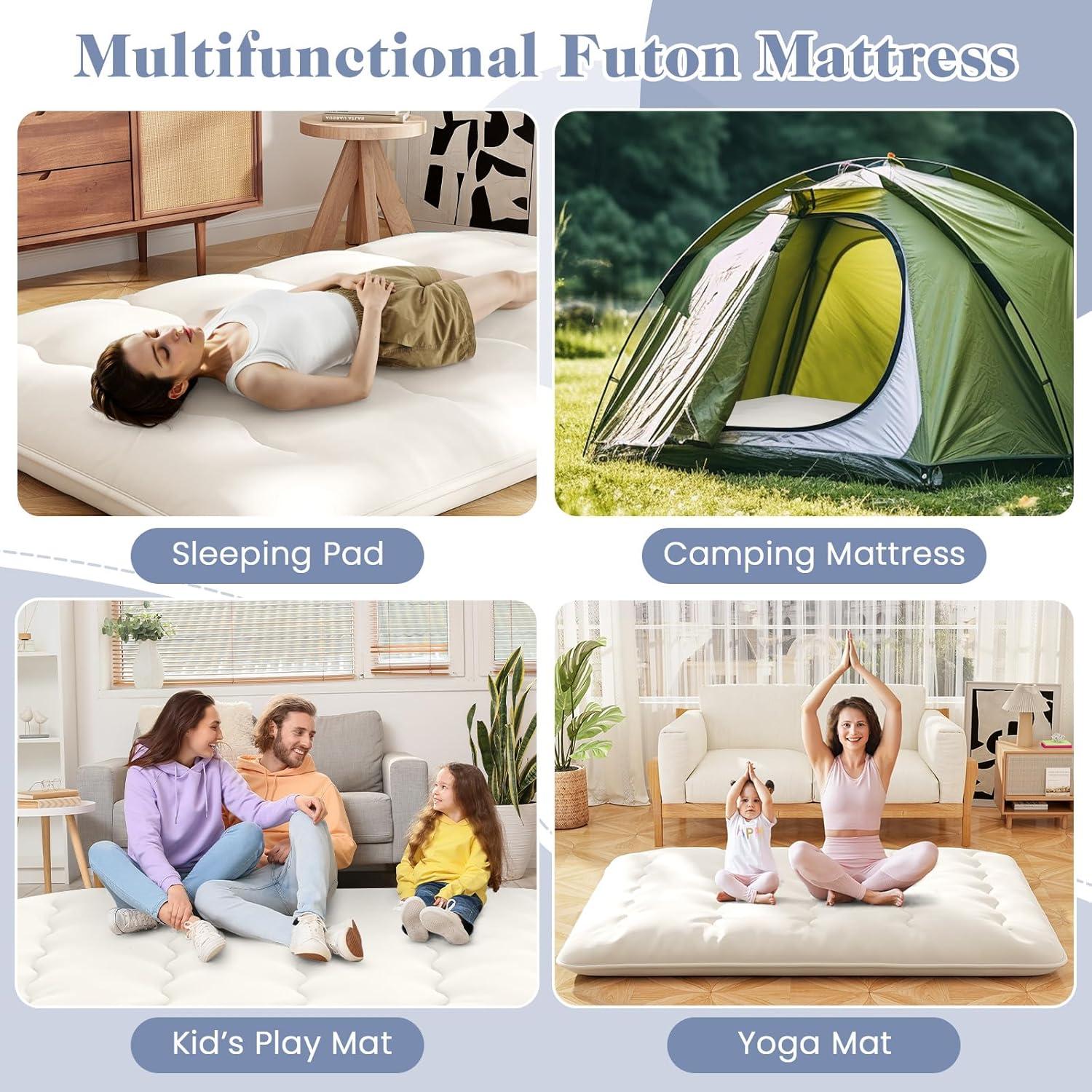 image:imageGiantex Japanese Floor Mattress 4 Inch Futon Mattress wWashable Cover amp Storage Bag Foldable Roll up Mattress Tatami Mat Portable Sleeping Pad for Camping Dormitory QueenBeige