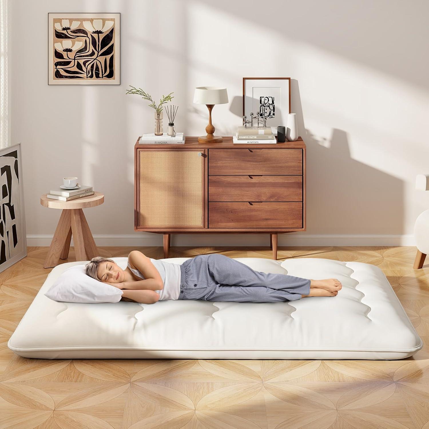 image:imageGiantex Japanese Floor Mattress 4 Inch Futon Mattress wWashable Cover amp Storage Bag Foldable Roll up Mattress Tatami Mat Portable Sleeping Pad for Camping Dormitory QueenBeige