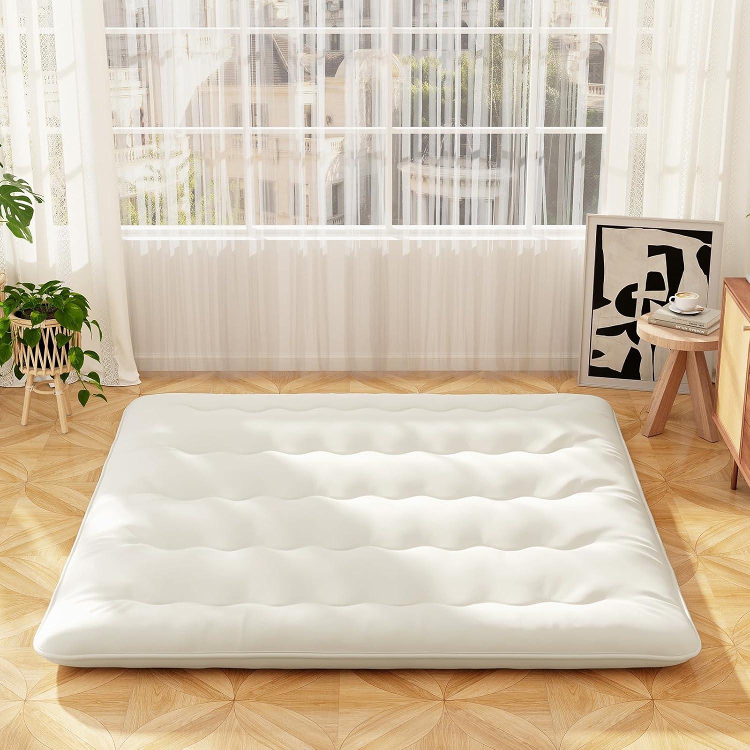 image:imageGiantex Japanese Floor Mattress 4 Inch Futon Mattress wWashable Cover amp Storage Bag Foldable Roll up Mattress Tatami Mat Portable Sleeping Pad for Camping Dormitory QueenBeige