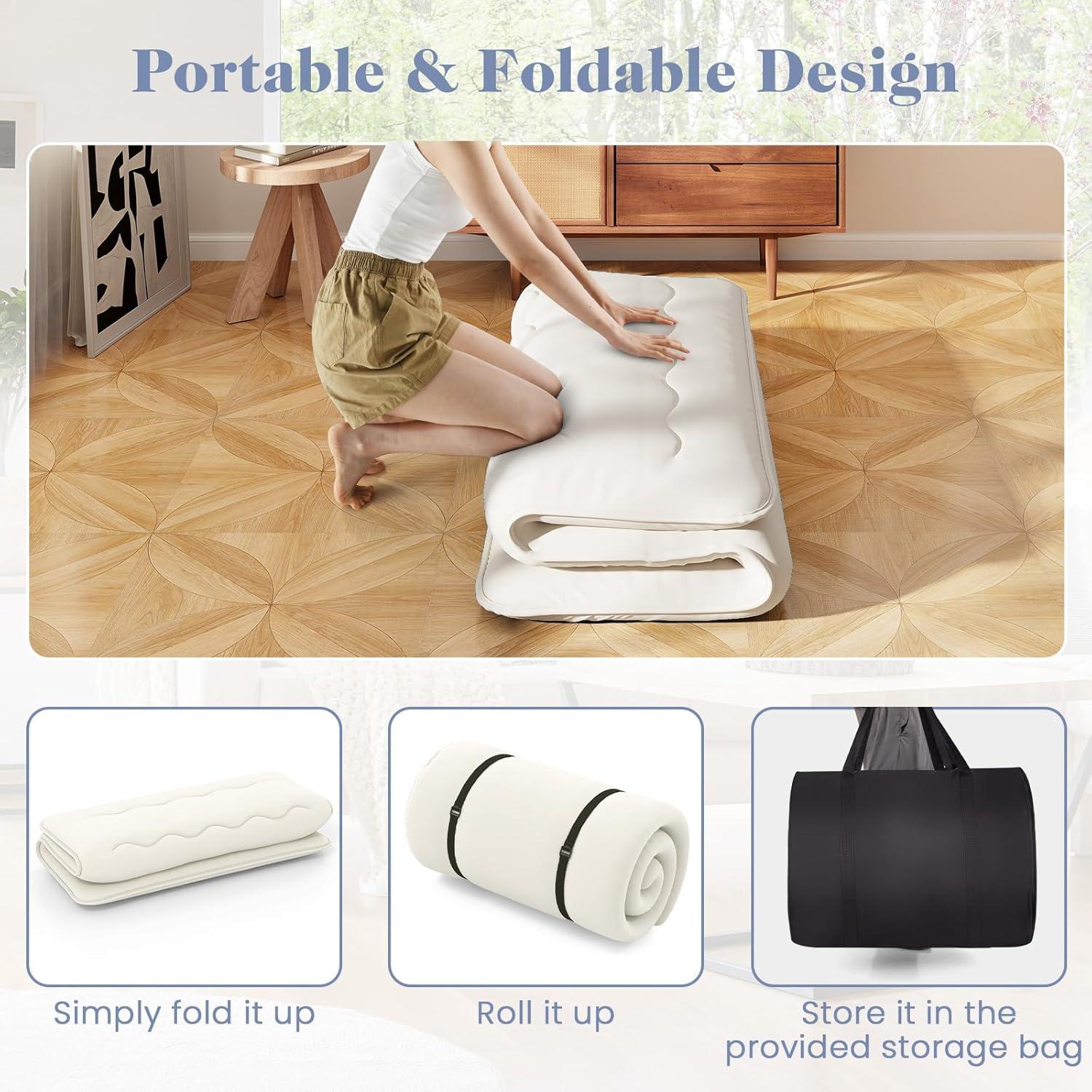 image:imageGiantex Japanese Floor Mattress 4 Inch Futon Mattress wWashable Cover amp Storage Bag Foldable Roll up Mattress Tatami Mat Portable Sleeping Pad for Camping Dormitory QueenBeige