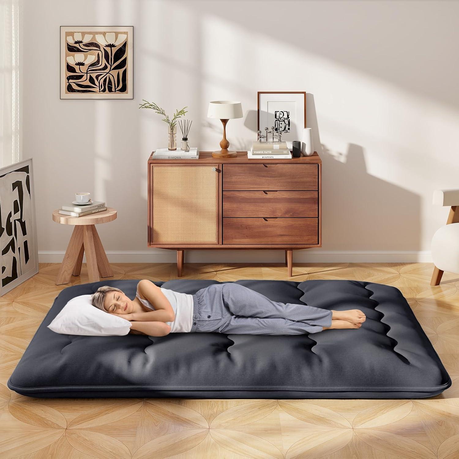 image:imageGiantex Japanese Floor Mattress 4 Inch Futon Mattress wWashable Cover amp Storage Bag Foldable Roll up Mattress Tatami Mat Portable Sleeping Pad for Camping Dormitory QueenBlack