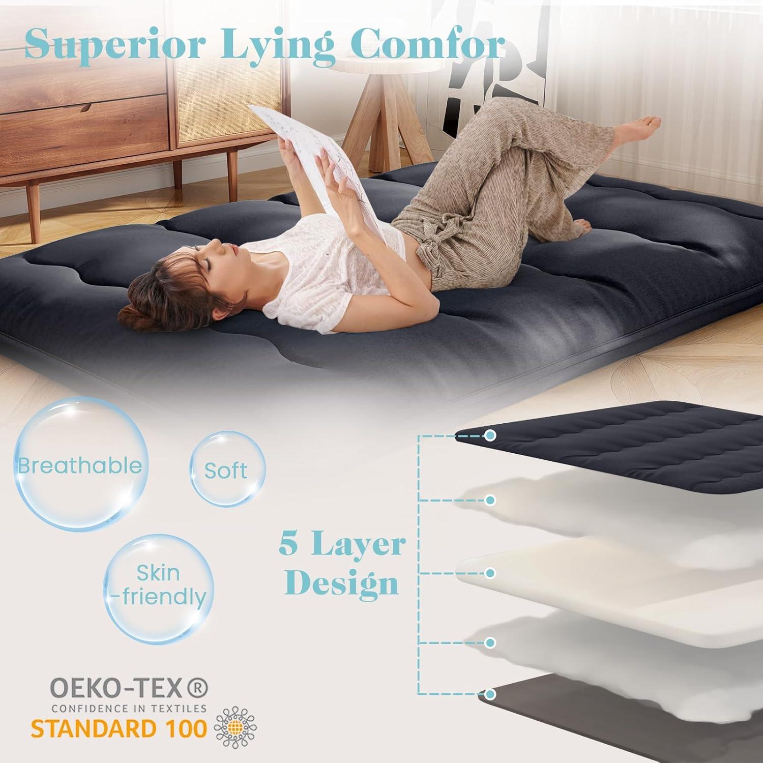 image:imageGiantex Japanese Floor Mattress 4 Inch Futon Mattress wWashable Cover amp Storage Bag Foldable Roll up Mattress Tatami Mat Portable Sleeping Pad for Camping Dormitory QueenBlack