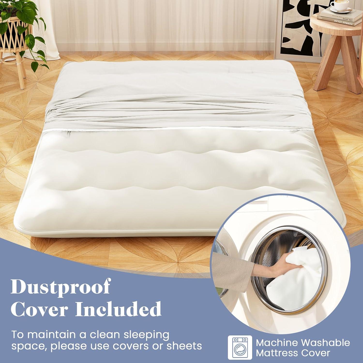 image:imageGiantex Japanese Floor Mattress 4 Inch Futon Mattress wWashable Cover amp Storage Bag Foldable Roll up Mattress Tatami Mat Portable Sleeping Pad for Camping Dormitory QueenBeige