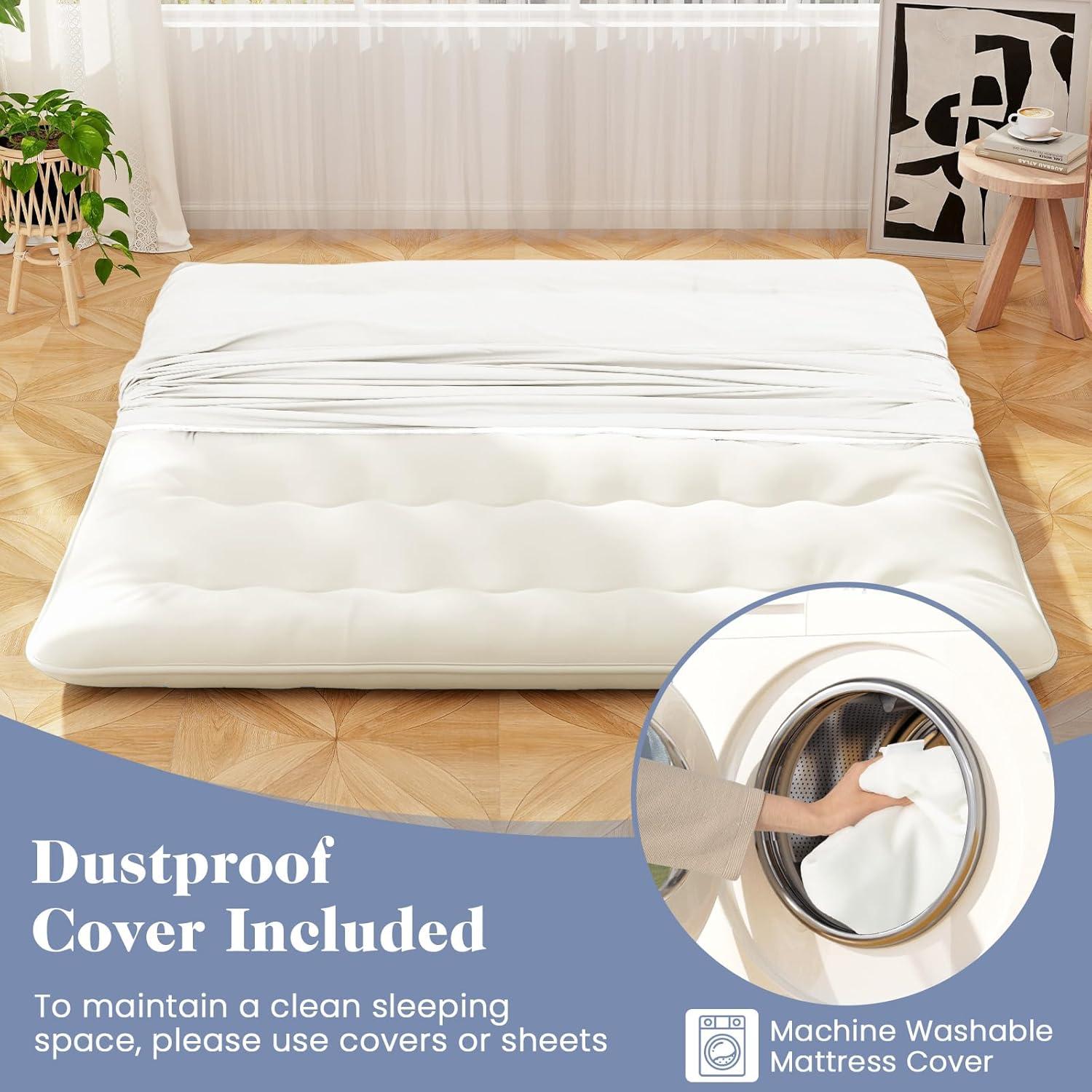 image:imageGiantex Japanese Floor Mattress 4 Inch Futon Mattress wWashable Cover amp Storage Bag Foldable Roll up Mattress Tatami Mat Portable Sleeping Pad for Camping Dormitory QueenBeige