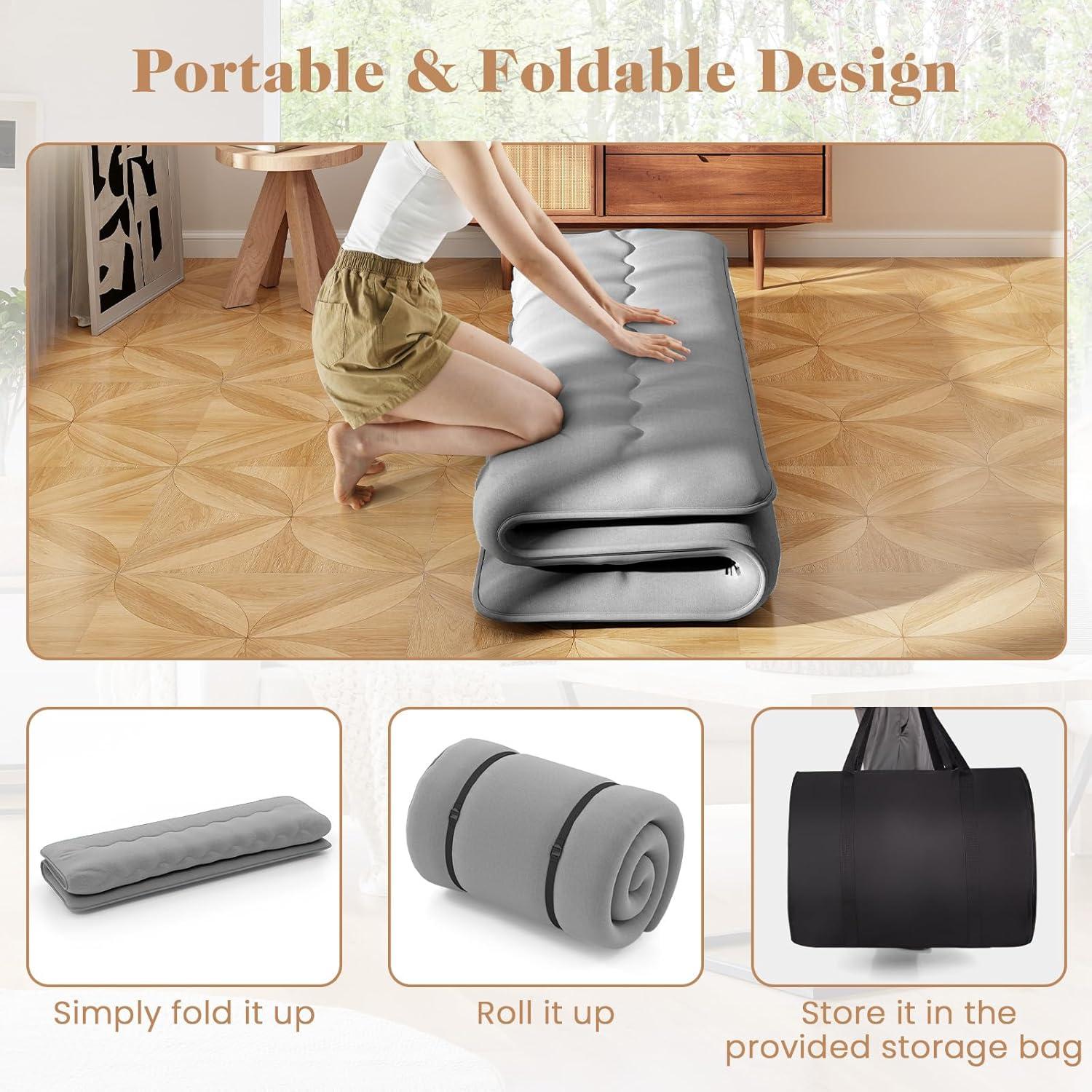 image:imageGiantex Japanese Floor Mattress 4 Inch Futon Mattress wWashable Cover amp Storage Bag Foldable Roll up Mattress Tatami Mat Portable Sleeping Pad for Camping Dormitory QueenGrey