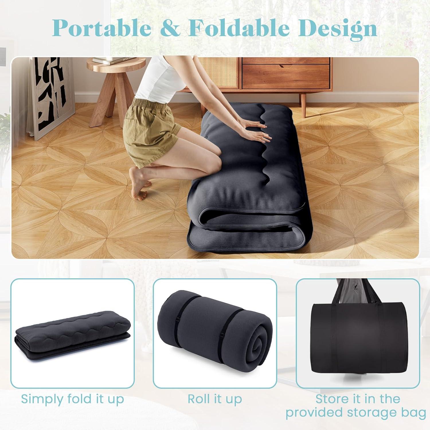 image:imageGiantex Japanese Floor Mattress 4 Inch Futon Mattress wWashable Cover amp Storage Bag Foldable Roll up Mattress Tatami Mat Portable Sleeping Pad for Camping Dormitory QueenBlack