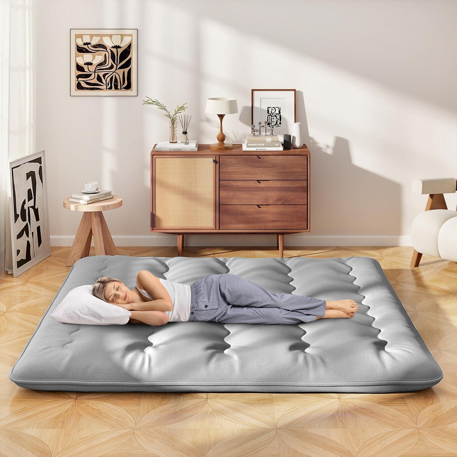 image:imageGiantex Japanese Floor Mattress 4 Inch Futon Mattress wWashable Cover amp Storage Bag Foldable Roll up Mattress Tatami Mat Portable Sleeping Pad for Camping Dormitory QueenGrey