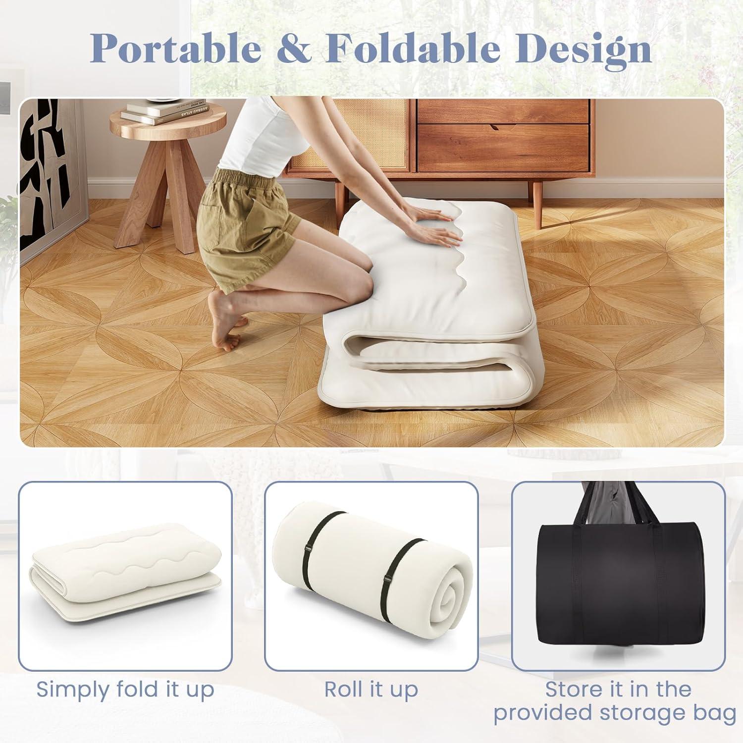 image:imageGiantex Japanese Floor Mattress 4 Inch Futon Mattress wWashable Cover amp Storage Bag Foldable Roll up Mattress Tatami Mat Portable Sleeping Pad for Camping Dormitory QueenBeige