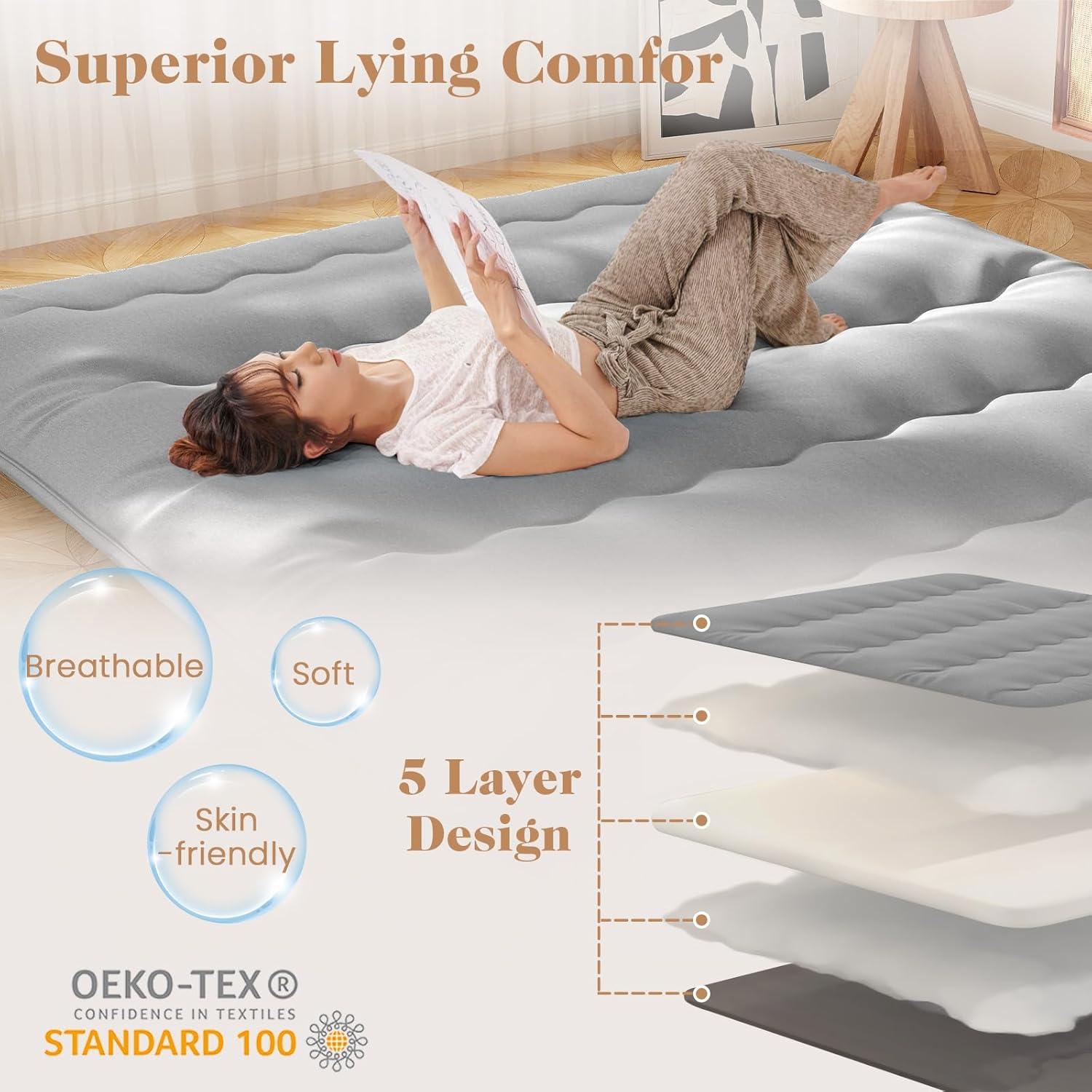 image:imageGiantex Japanese Floor Mattress 4 Inch Futon Mattress wWashable Cover amp Storage Bag Foldable Roll up Mattress Tatami Mat Portable Sleeping Pad for Camping Dormitory QueenGrey