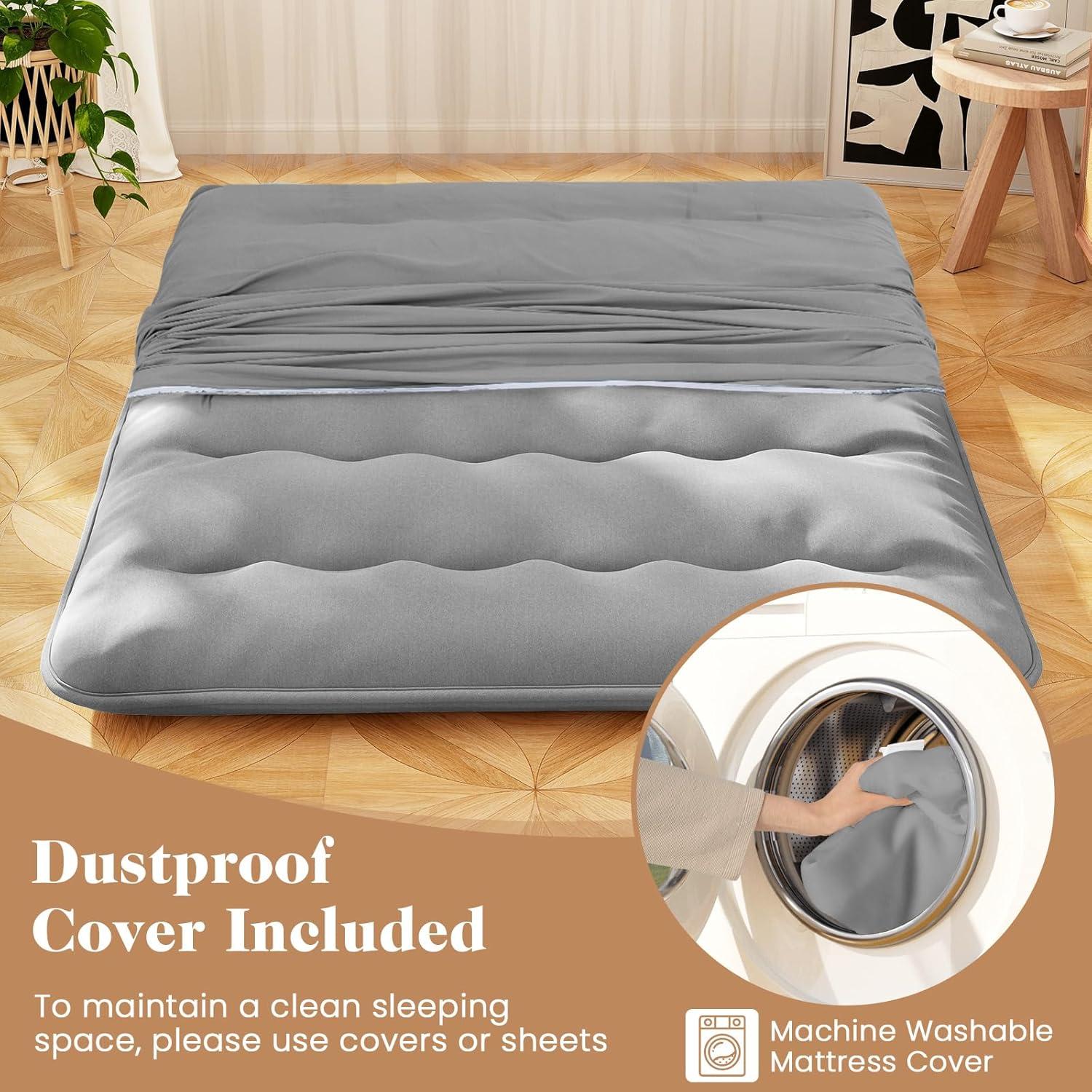 image:imageGiantex Japanese Floor Mattress 4 Inch Futon Mattress wWashable Cover amp Storage Bag Foldable Roll up Mattress Tatami Mat Portable Sleeping Pad for Camping Dormitory QueenGrey