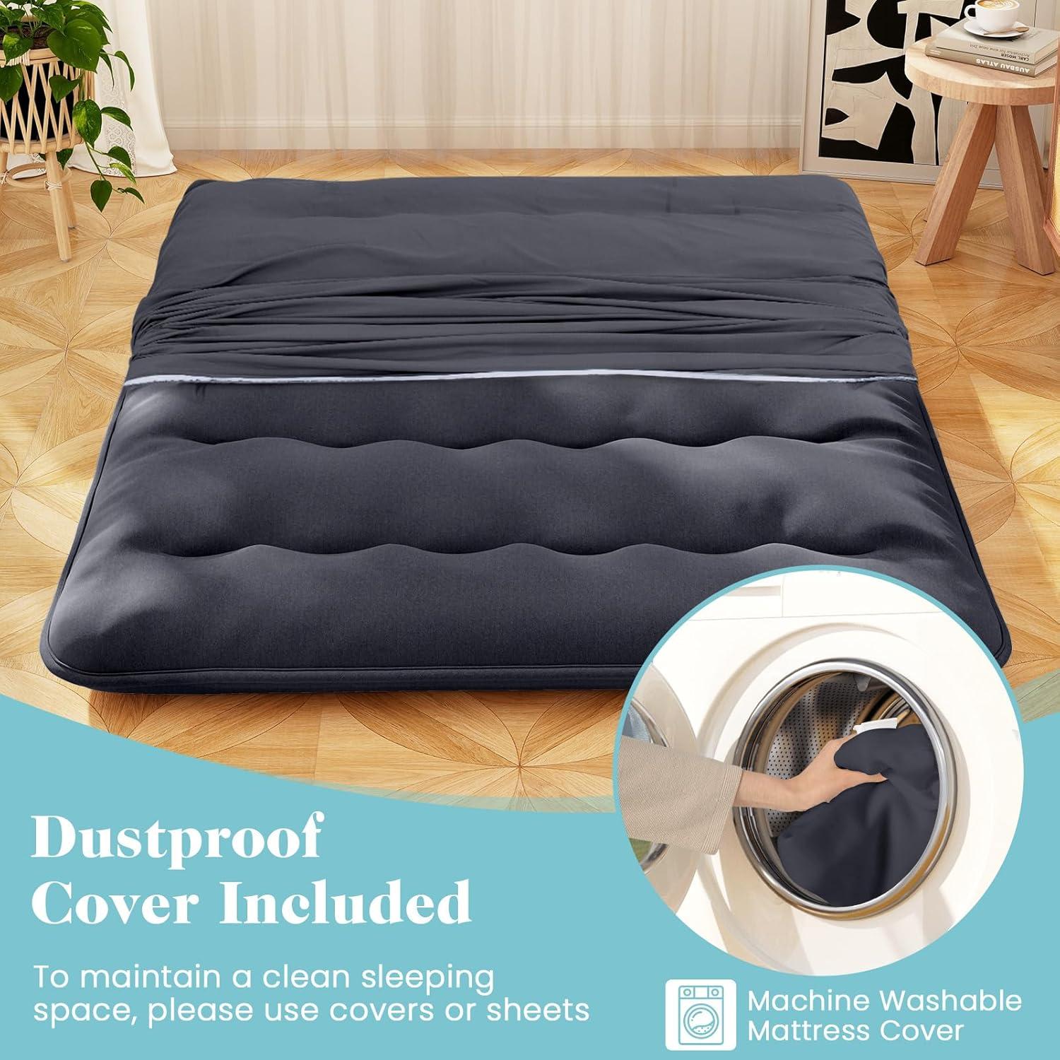 image:imageGiantex Japanese Floor Mattress 4 Inch Futon Mattress wWashable Cover amp Storage Bag Foldable Roll up Mattress Tatami Mat Portable Sleeping Pad for Camping Dormitory QueenBlack
