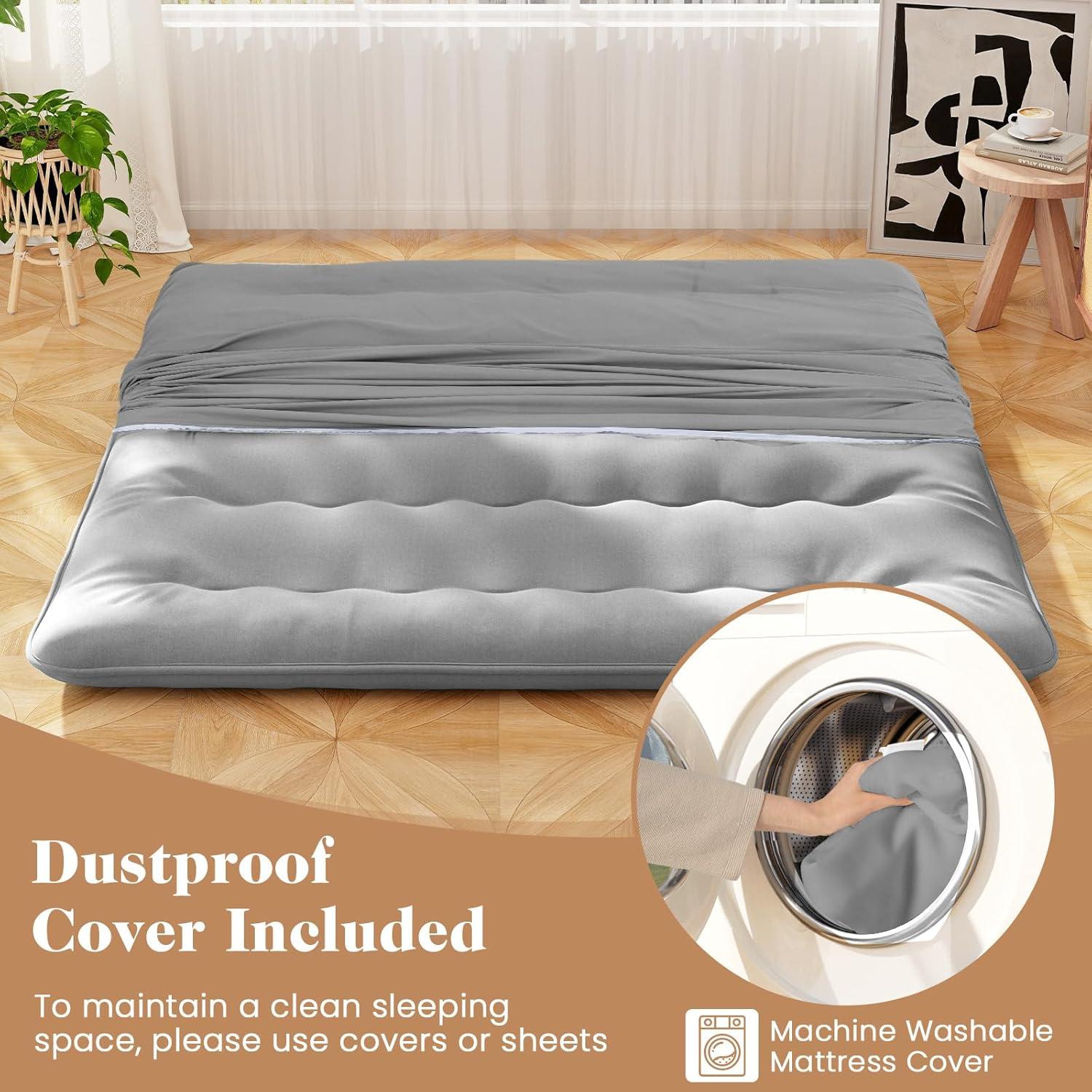 image:imageGiantex Japanese Floor Mattress 4 Inch Futon Mattress wWashable Cover amp Storage Bag Foldable Roll up Mattress Tatami Mat Portable Sleeping Pad for Camping Dormitory QueenGrey