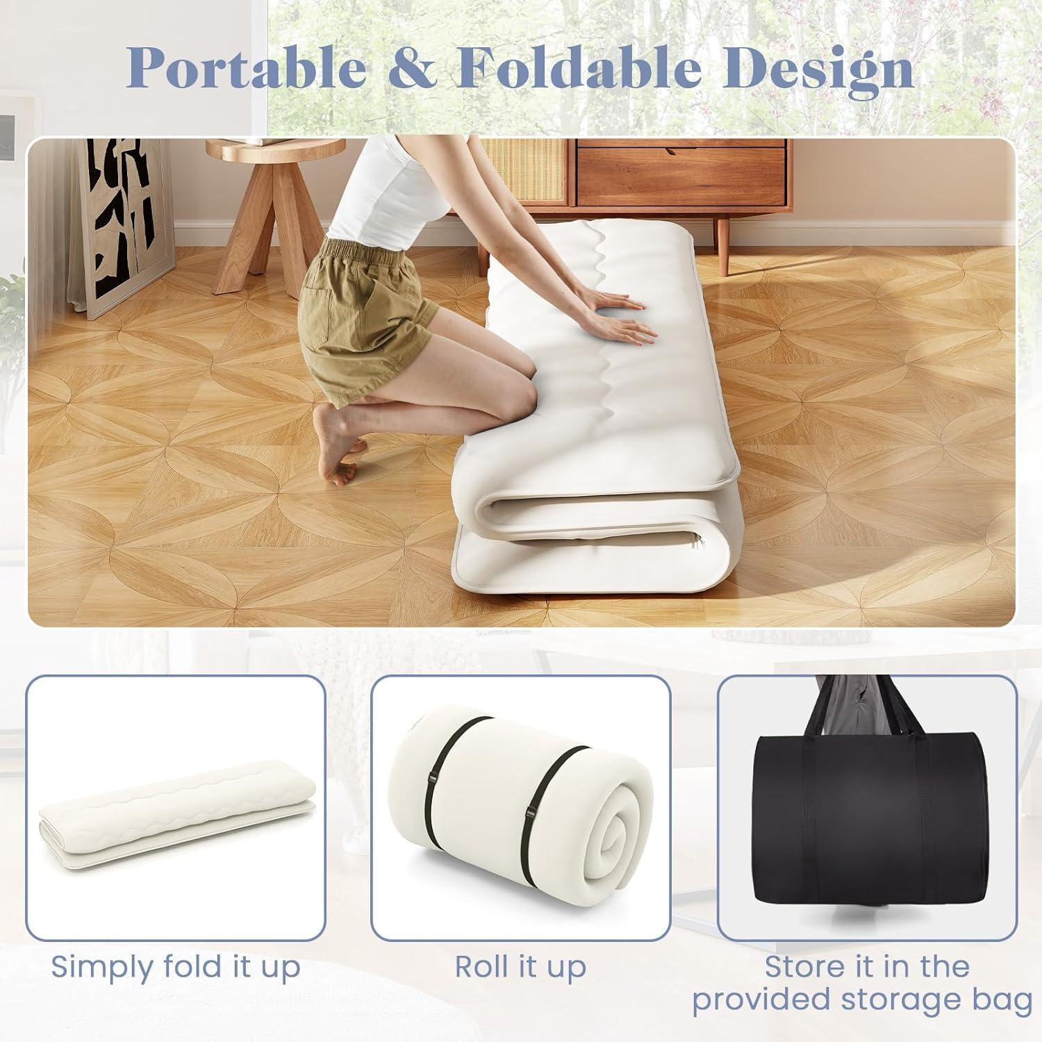 image:imageGiantex Japanese Floor Mattress 4 Inch Futon Mattress wWashable Cover amp Storage Bag Foldable Roll up Mattress Tatami Mat Portable Sleeping Pad for Camping Dormitory QueenBeige