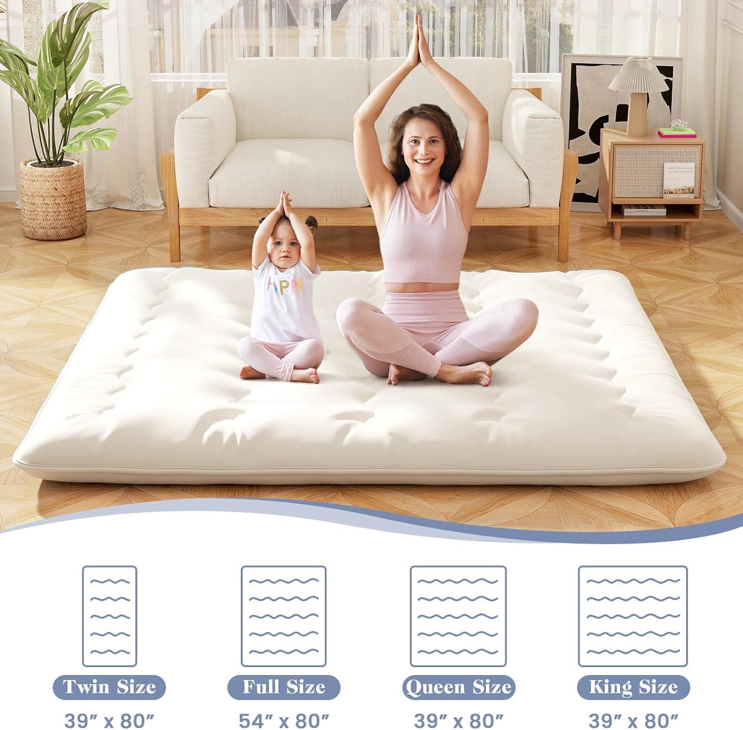 image:imageGiantex Japanese Floor Mattress 4 Inch Futon Mattress wWashable Cover amp Storage Bag Foldable Roll up Mattress Tatami Mat Portable Sleeping Pad for Camping Dormitory QueenBeige