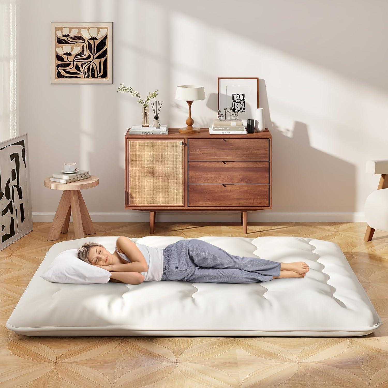 image:imageGiantex Japanese Floor Mattress 4 Inch Futon Mattress wWashable Cover amp Storage Bag Foldable Roll up Mattress Tatami Mat Portable Sleeping Pad for Camping Dormitory QueenBeige