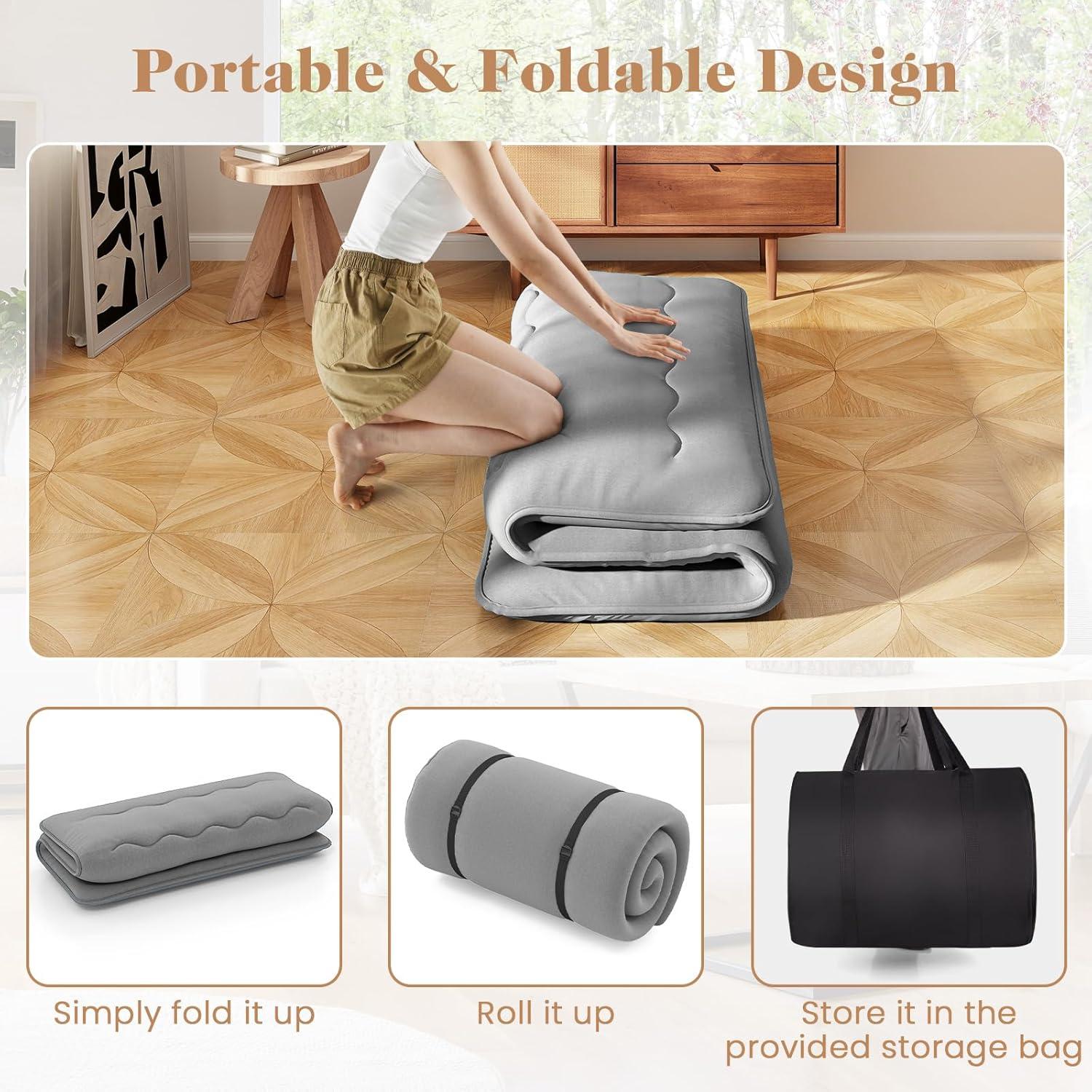 image:imageGiantex Japanese Floor Mattress 4 Inch Futon Mattress wWashable Cover amp Storage Bag Foldable Roll up Mattress Tatami Mat Portable Sleeping Pad for Camping Dormitory QueenGrey