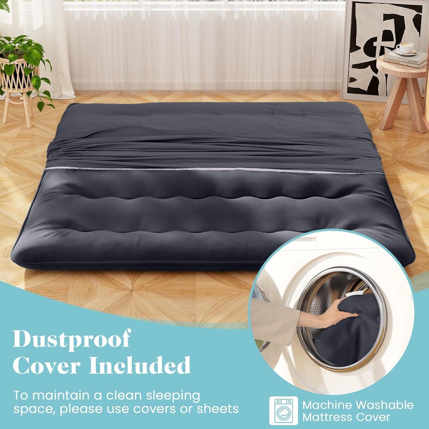 image:imageGiantex Japanese Floor Mattress 4 Inch Futon Mattress wWashable Cover amp Storage Bag Foldable Roll up Mattress Tatami Mat Portable Sleeping Pad for Camping Dormitory QueenBlack