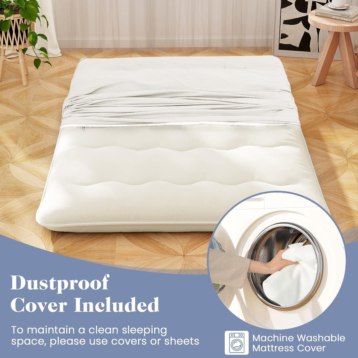 image:imageGiantex Japanese Floor Mattress 4 Inch Futon Mattress wWashable Cover amp Storage Bag Foldable Roll up Mattress Tatami Mat Portable Sleeping Pad for Camping Dormitory QueenBeige
