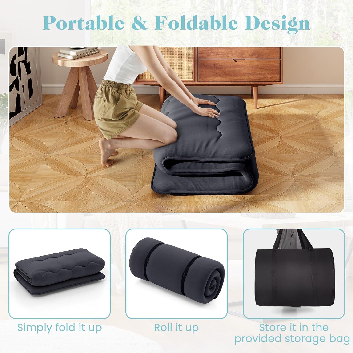 image:imageGiantex Japanese Floor Mattress 4 Inch Futon Mattress wWashable Cover amp Storage Bag Foldable Roll up Mattress Tatami Mat Portable Sleeping Pad for Camping Dormitory QueenBlack