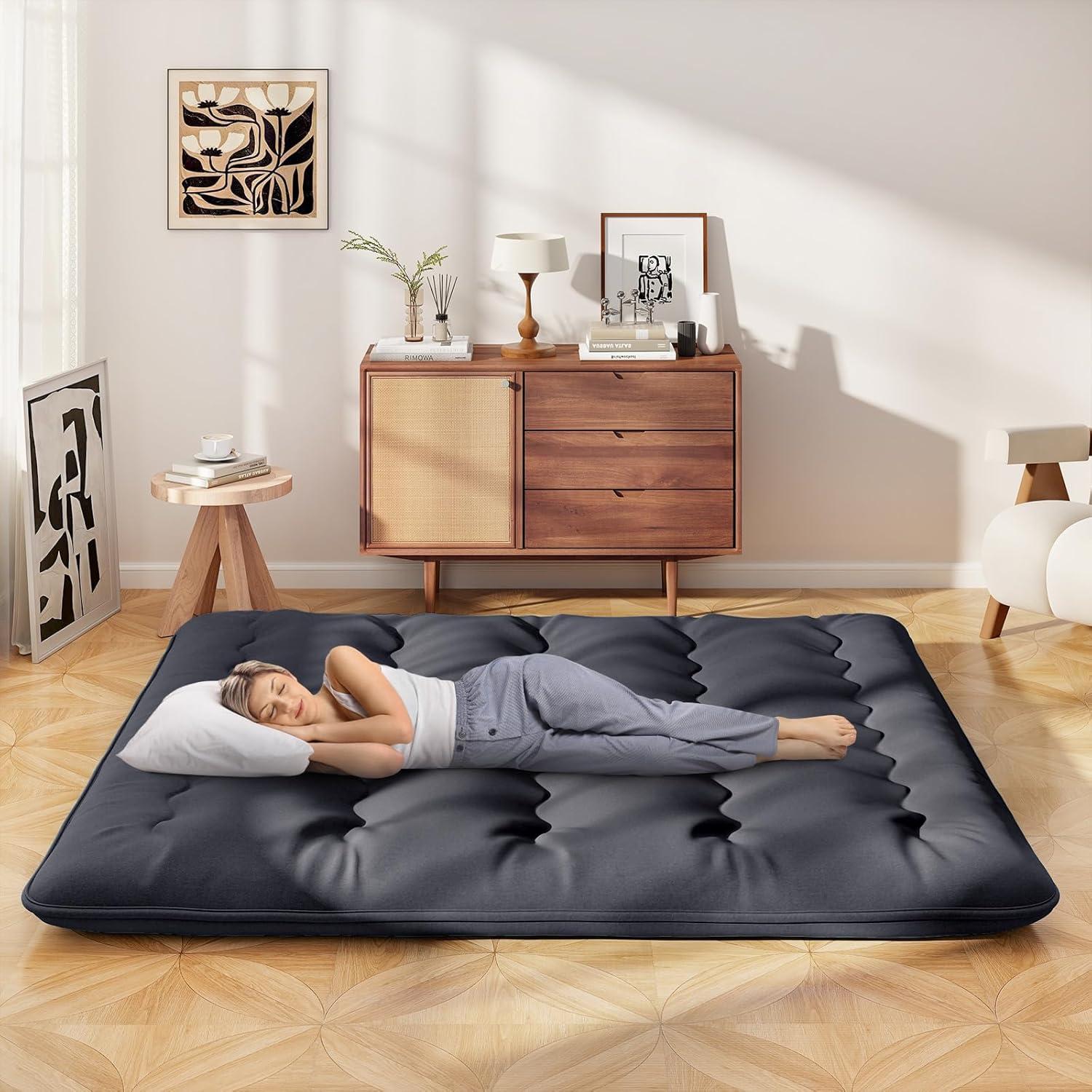 image:imageGiantex Japanese Floor Mattress 4 Inch Futon Mattress wWashable Cover amp Storage Bag Foldable Roll up Mattress Tatami Mat Portable Sleeping Pad for Camping Dormitory QueenBlack