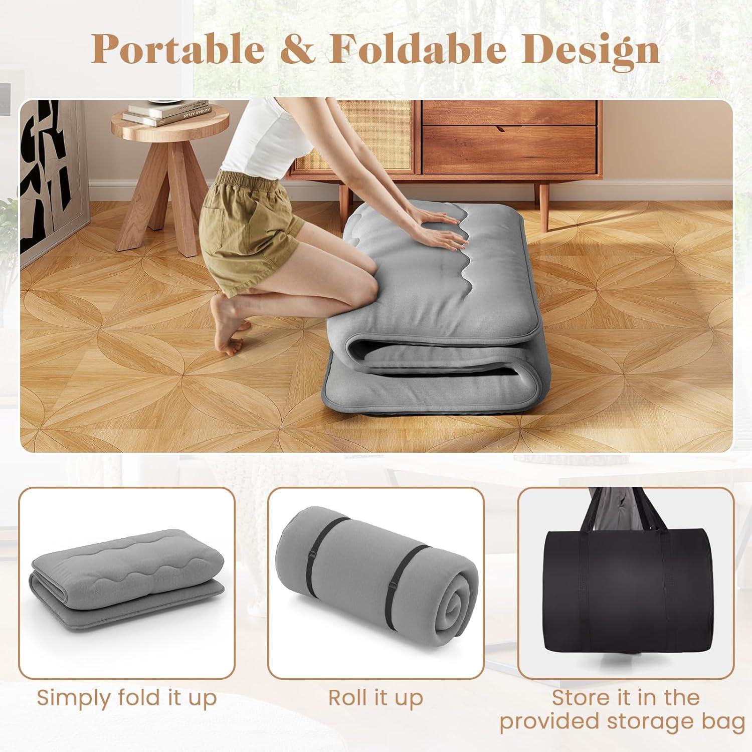 image:imageGiantex Japanese Floor Mattress 4 Inch Futon Mattress wWashable Cover amp Storage Bag Foldable Roll up Mattress Tatami Mat Portable Sleeping Pad for Camping Dormitory QueenGrey