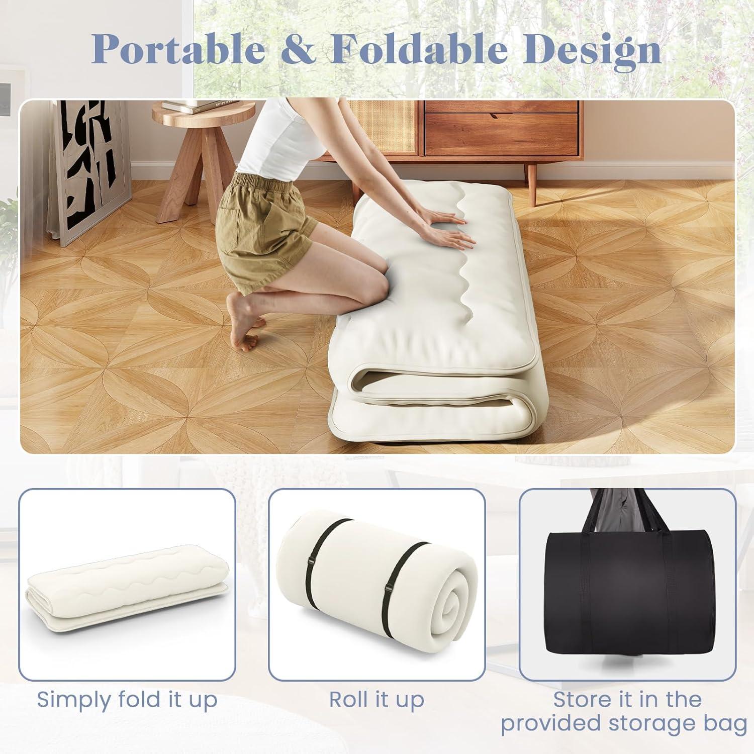 image:imageGiantex Japanese Floor Mattress 4 Inch Futon Mattress wWashable Cover amp Storage Bag Foldable Roll up Mattress Tatami Mat Portable Sleeping Pad for Camping Dormitory QueenBeige