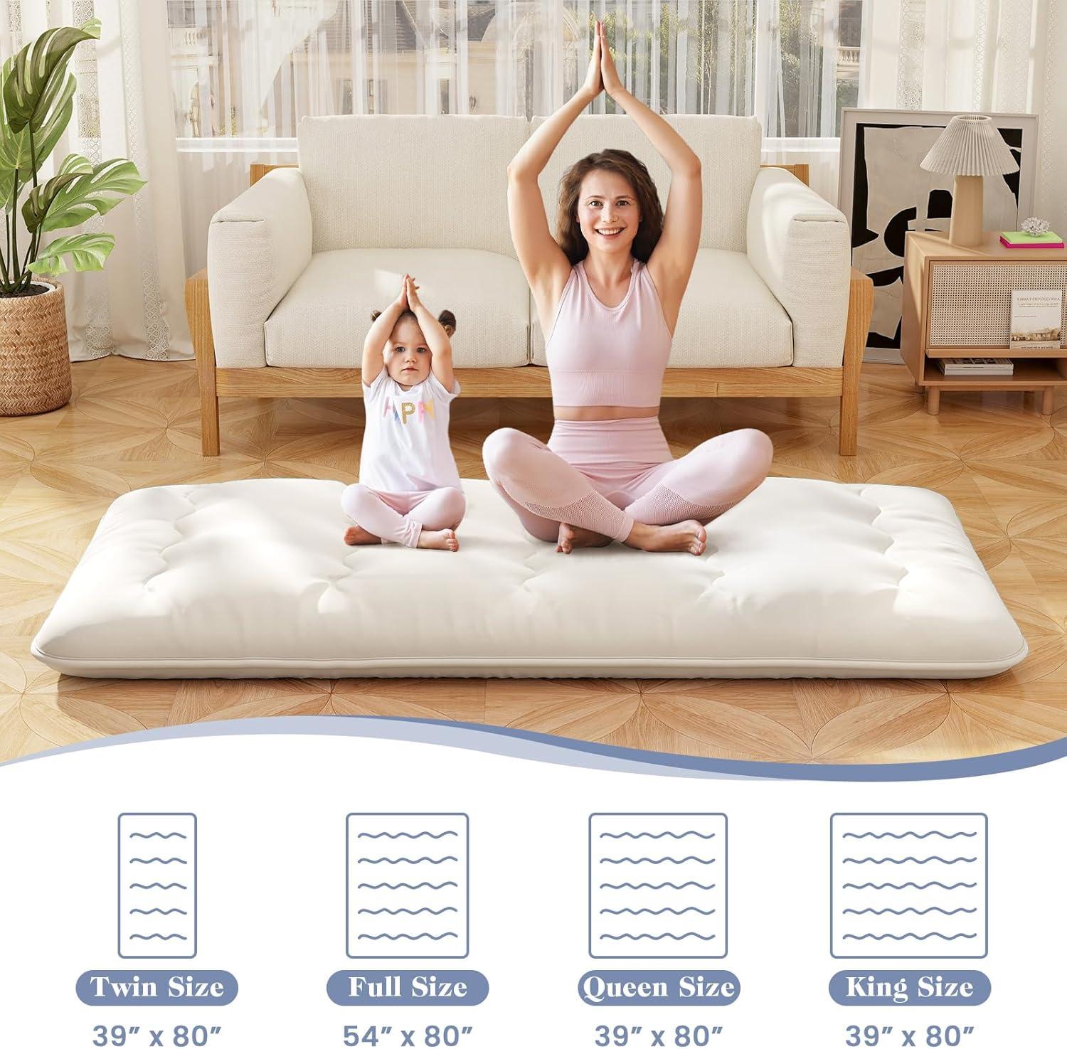 image:imageGiantex Japanese Floor Mattress 4 Inch Futon Mattress wWashable Cover amp Storage Bag Foldable Roll up Mattress Tatami Mat Portable Sleeping Pad for Camping Dormitory QueenBeige