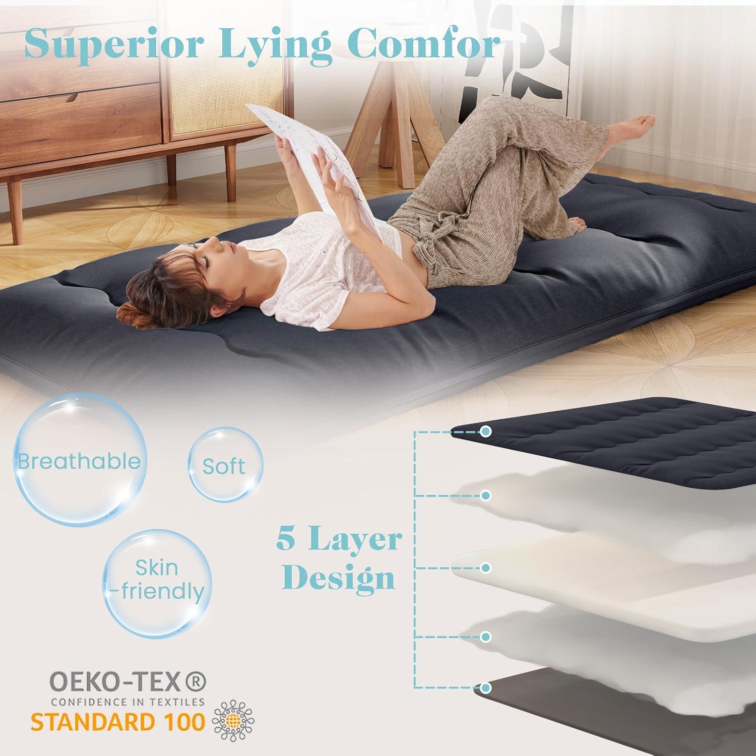 image:imageGiantex Japanese Floor Mattress 4 Inch Futon Mattress wWashable Cover amp Storage Bag Foldable Roll up Mattress Tatami Mat Portable Sleeping Pad for Camping Dormitory QueenBlack