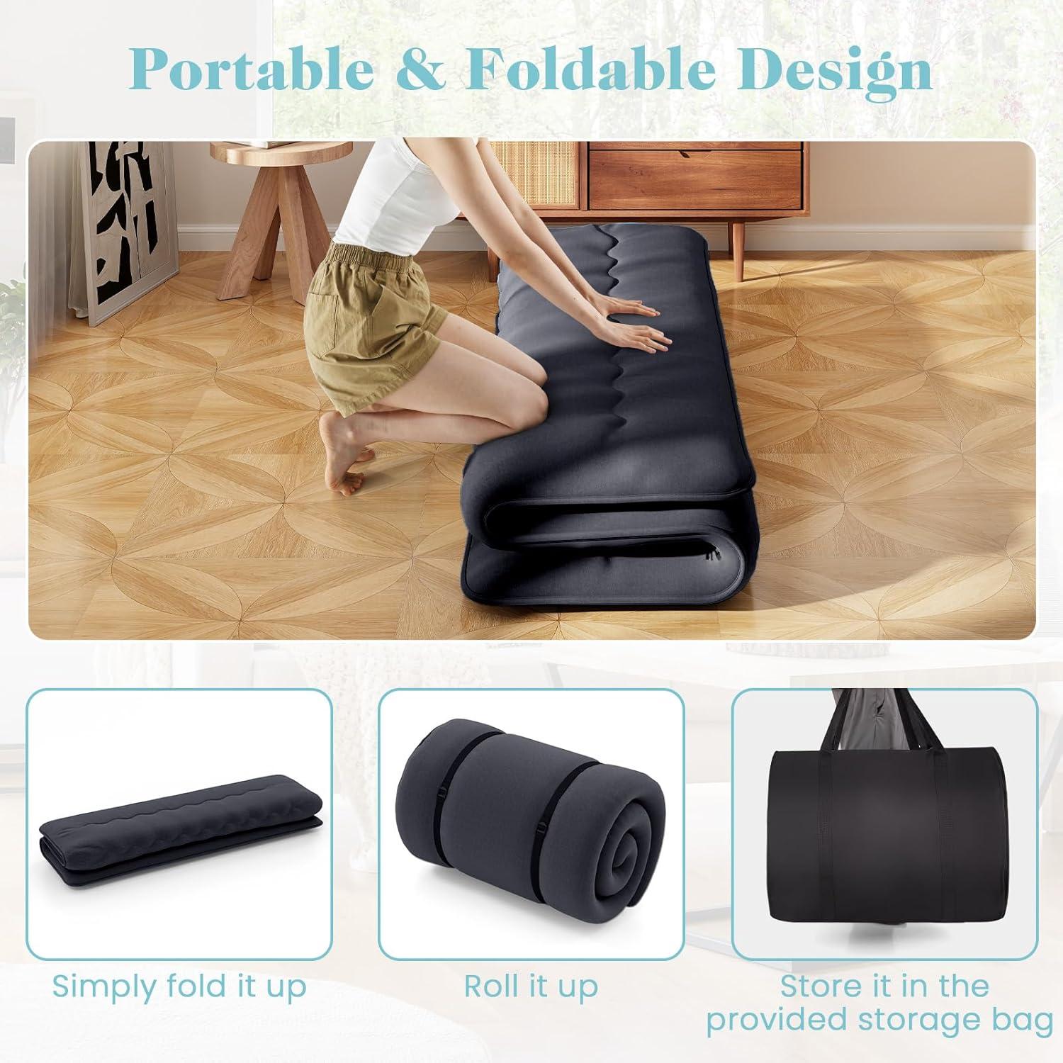 image:imageGiantex Japanese Floor Mattress 4 Inch Futon Mattress wWashable Cover amp Storage Bag Foldable Roll up Mattress Tatami Mat Portable Sleeping Pad for Camping Dormitory QueenBlack