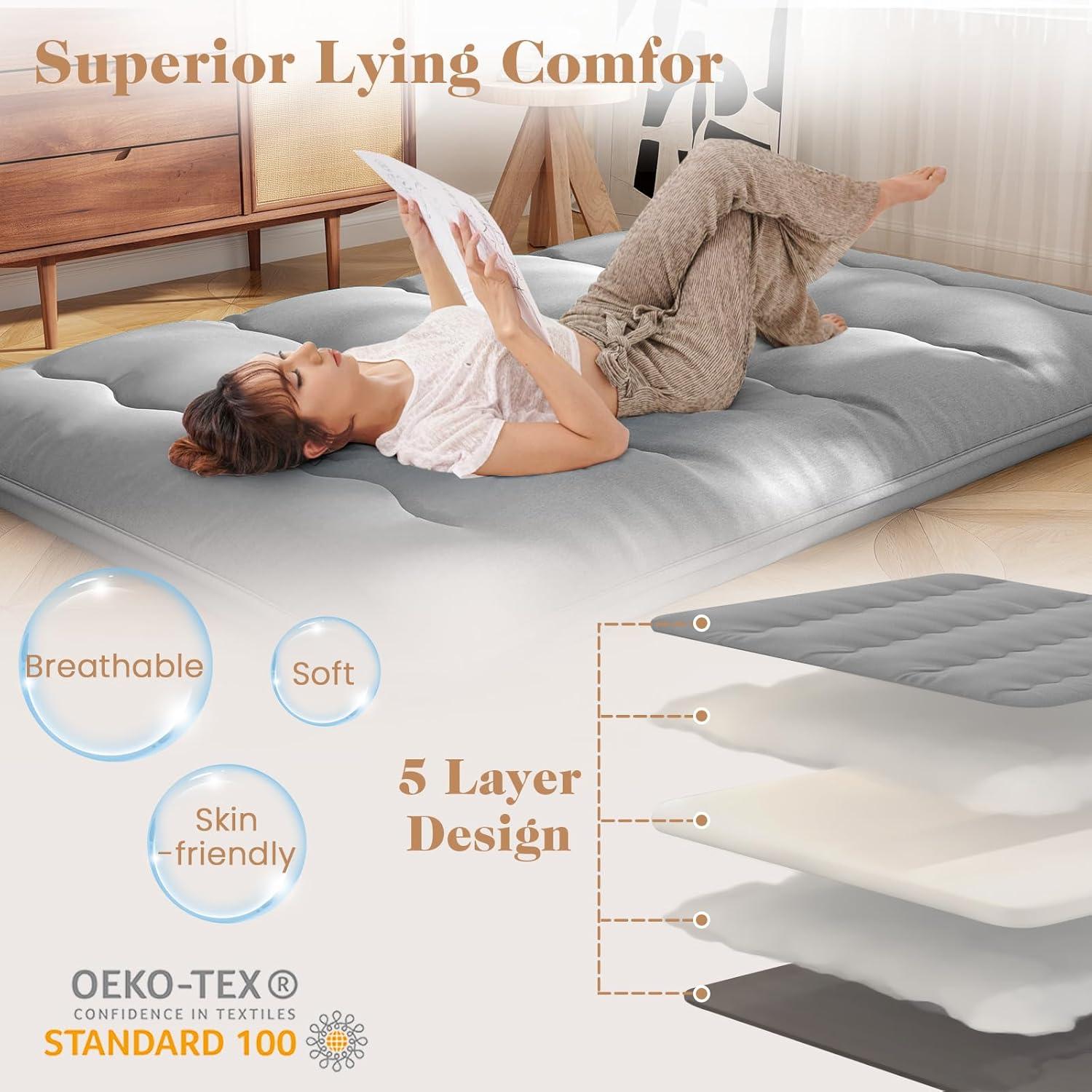 image:imageGiantex Japanese Floor Mattress 4 Inch Futon Mattress wWashable Cover amp Storage Bag Foldable Roll up Mattress Tatami Mat Portable Sleeping Pad for Camping Dormitory QueenGrey