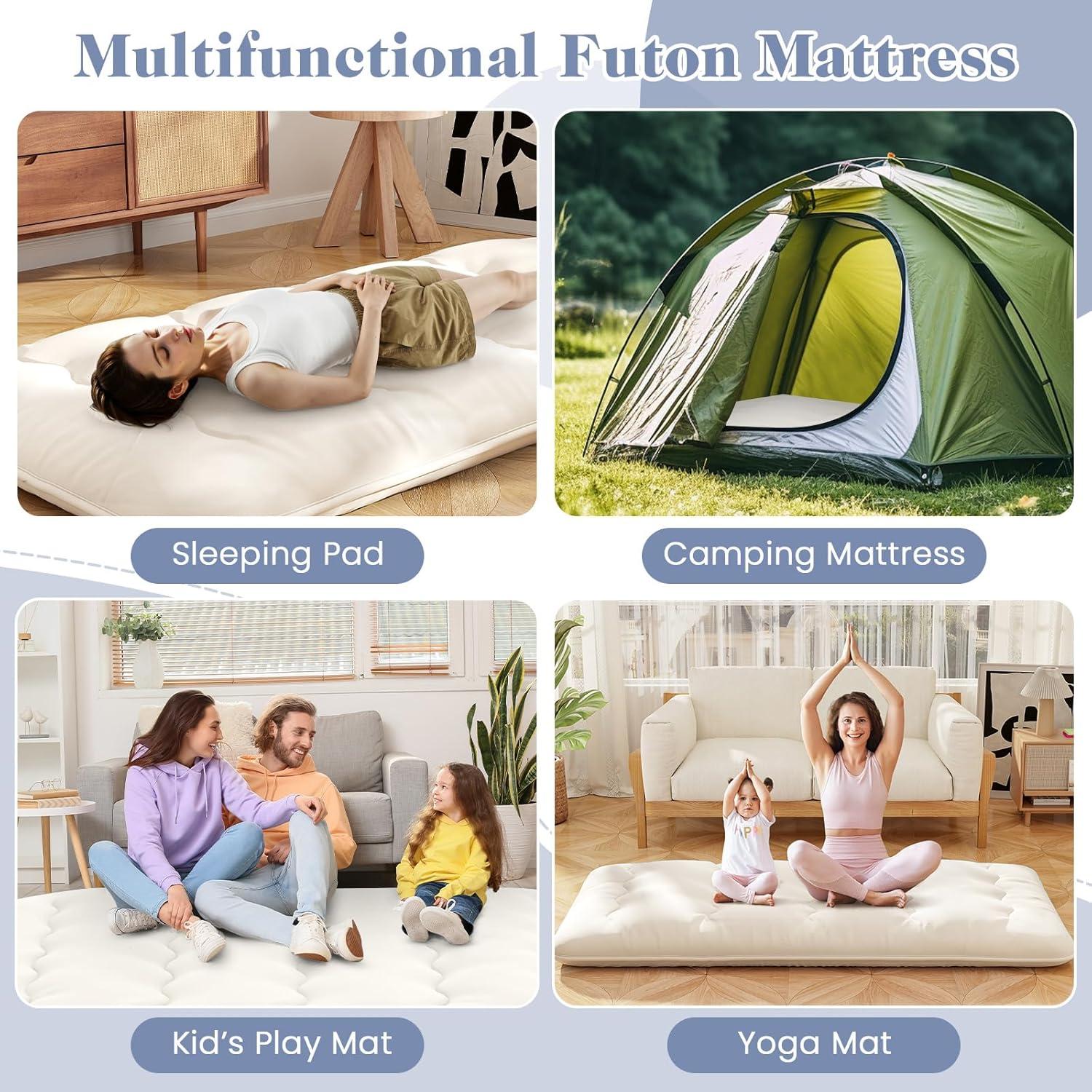 image:imageGiantex Japanese Floor Mattress 4 Inch Futon Mattress wWashable Cover amp Storage Bag Foldable Roll up Mattress Tatami Mat Portable Sleeping Pad for Camping Dormitory QueenBeige