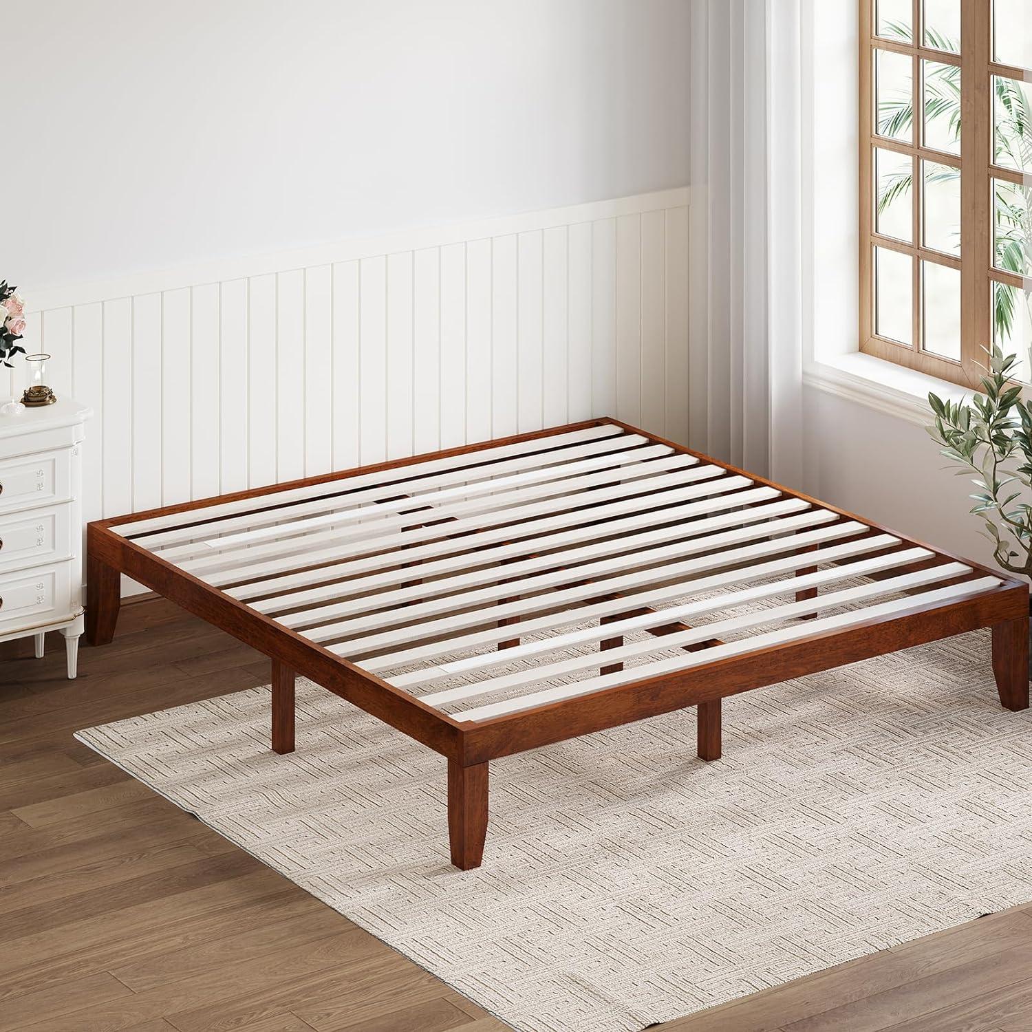 image:imageGiantex King Wood Platform Bed Frame 14 Inch Solid Rubber Wood Mattress Foundation Heavy Duty Wooden Slats Support No Box Spring Needed Easy Assembly NaturalWalnut