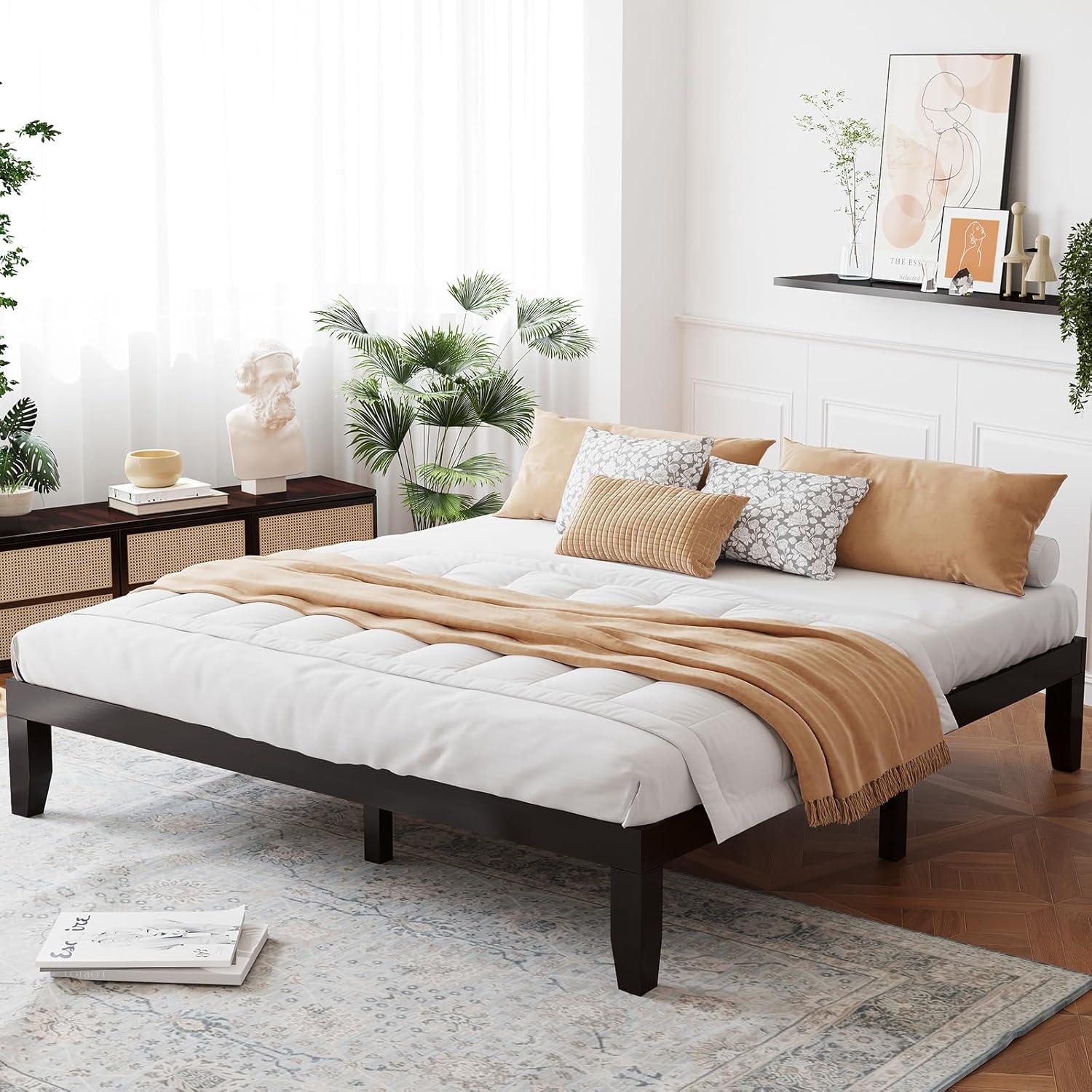 image:imageGiantex King Wood Platform Bed Frame 14 Inch Solid Rubber Wood Mattress Foundation Heavy Duty Wooden Slats Support No Box Spring Needed Easy Assembly NaturalEspresso