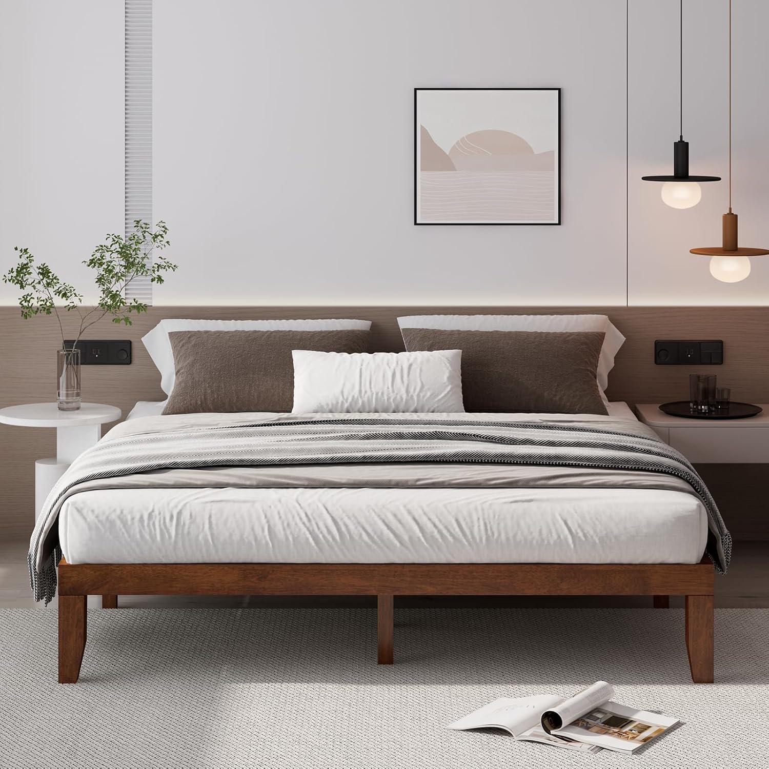 image:imageGiantex King Wood Platform Bed Frame 14 Inch Solid Rubber Wood Mattress Foundation Heavy Duty Wooden Slats Support No Box Spring Needed Easy Assembly NaturalWalnut