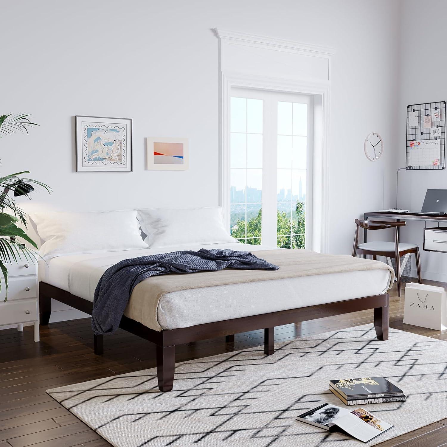 image:imageGiantex King Wood Platform Bed Frame 14 Inch Solid Rubber Wood Mattress Foundation Heavy Duty Wooden Slats Support No Box Spring Needed Easy Assembly NaturalEspresso