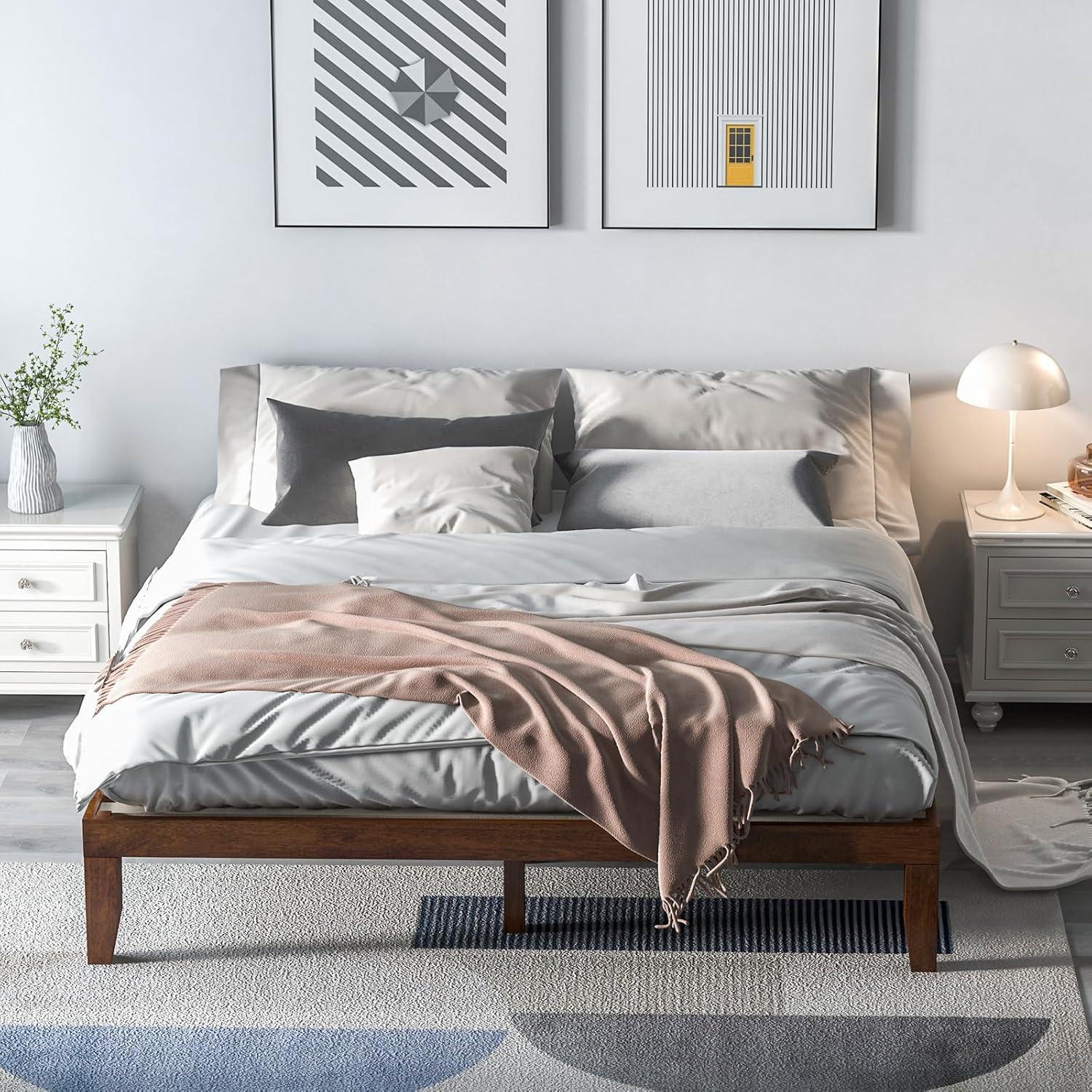 image:imageGiantex King Wood Platform Bed Frame 14 Inch Solid Rubber Wood Mattress Foundation Heavy Duty Wooden Slats Support No Box Spring Needed Easy Assembly NaturalWalnut