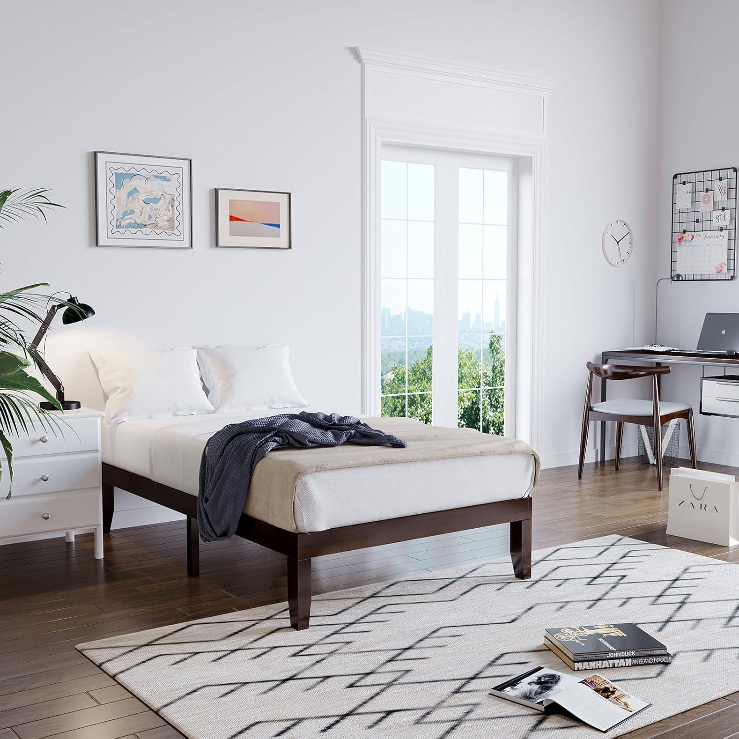 image:imageGiantex King Wood Platform Bed Frame 14 Inch Solid Rubber Wood Mattress Foundation Heavy Duty Wooden Slats Support No Box Spring Needed Easy Assembly NaturalEspresso